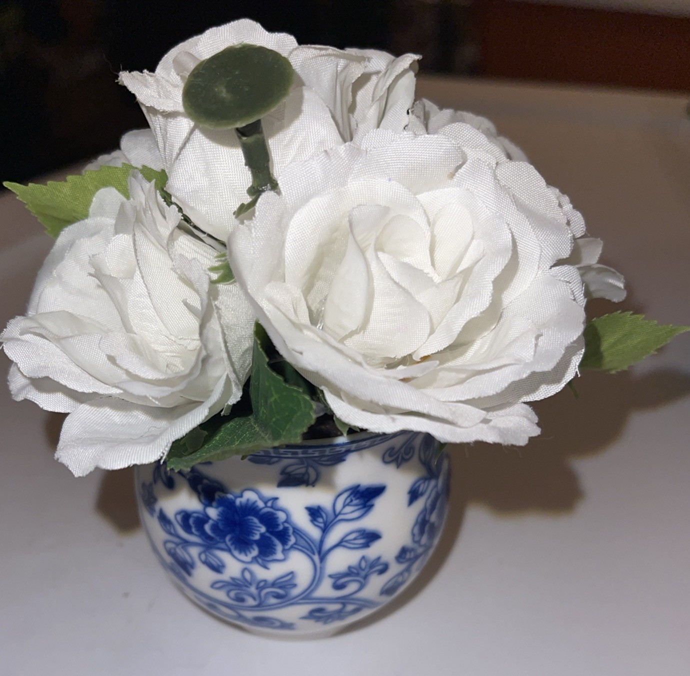 Artificial Floral Arrangement Roses Blue White Porcelain Vase 2.75 n x 2.75 in