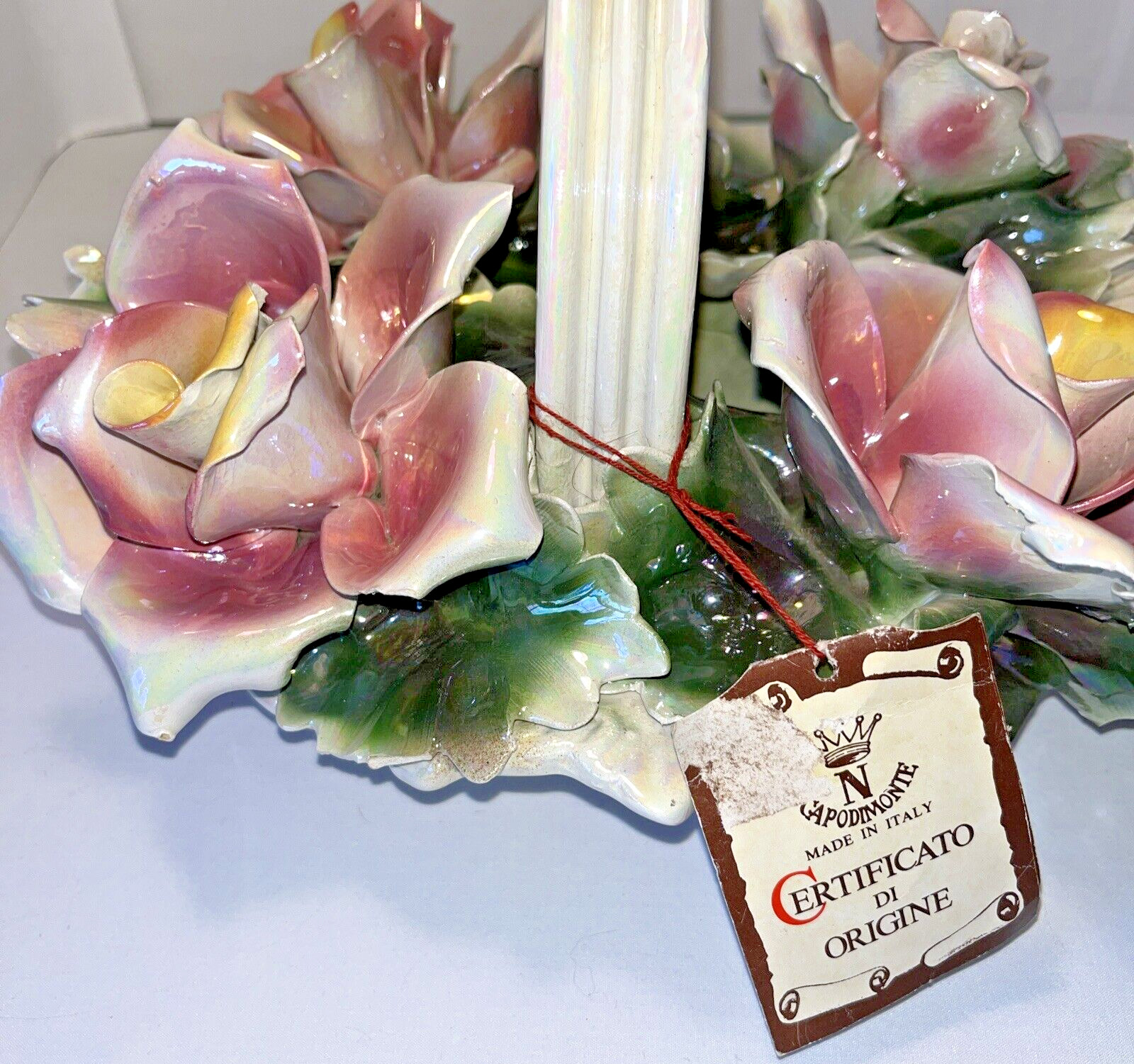 Vintage Capodimonte Basket of Roses Italy Original Tag Iridescent 10″ x 10″ x 6