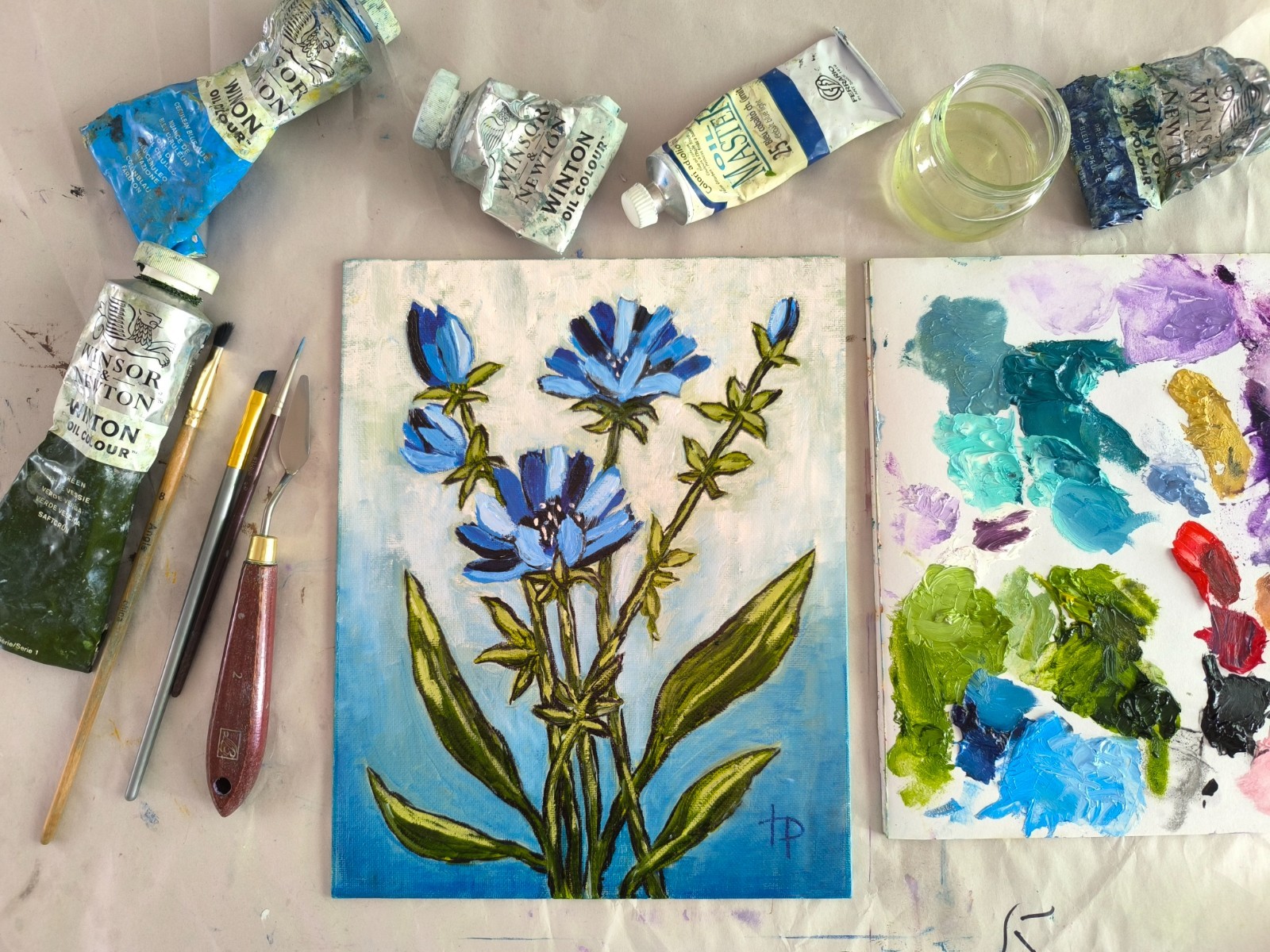Chicory Botanical Oil Painting Original Floral Expressionist Art Blue Flower Wal