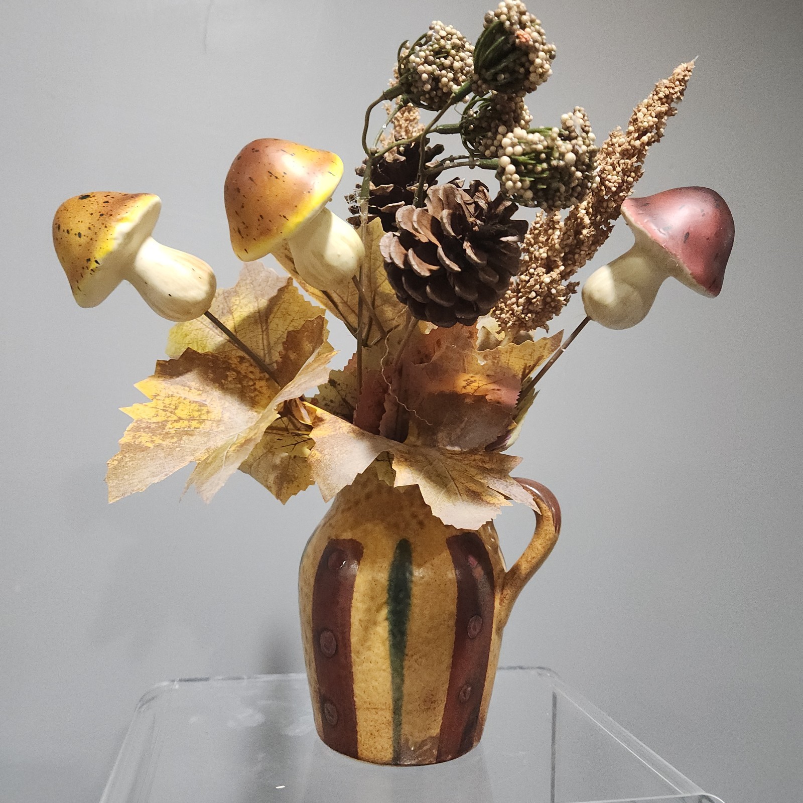Vtg Vase Creamer Pottery Faux Retro Floral Arrangement Cones Mushroom Fall 12″