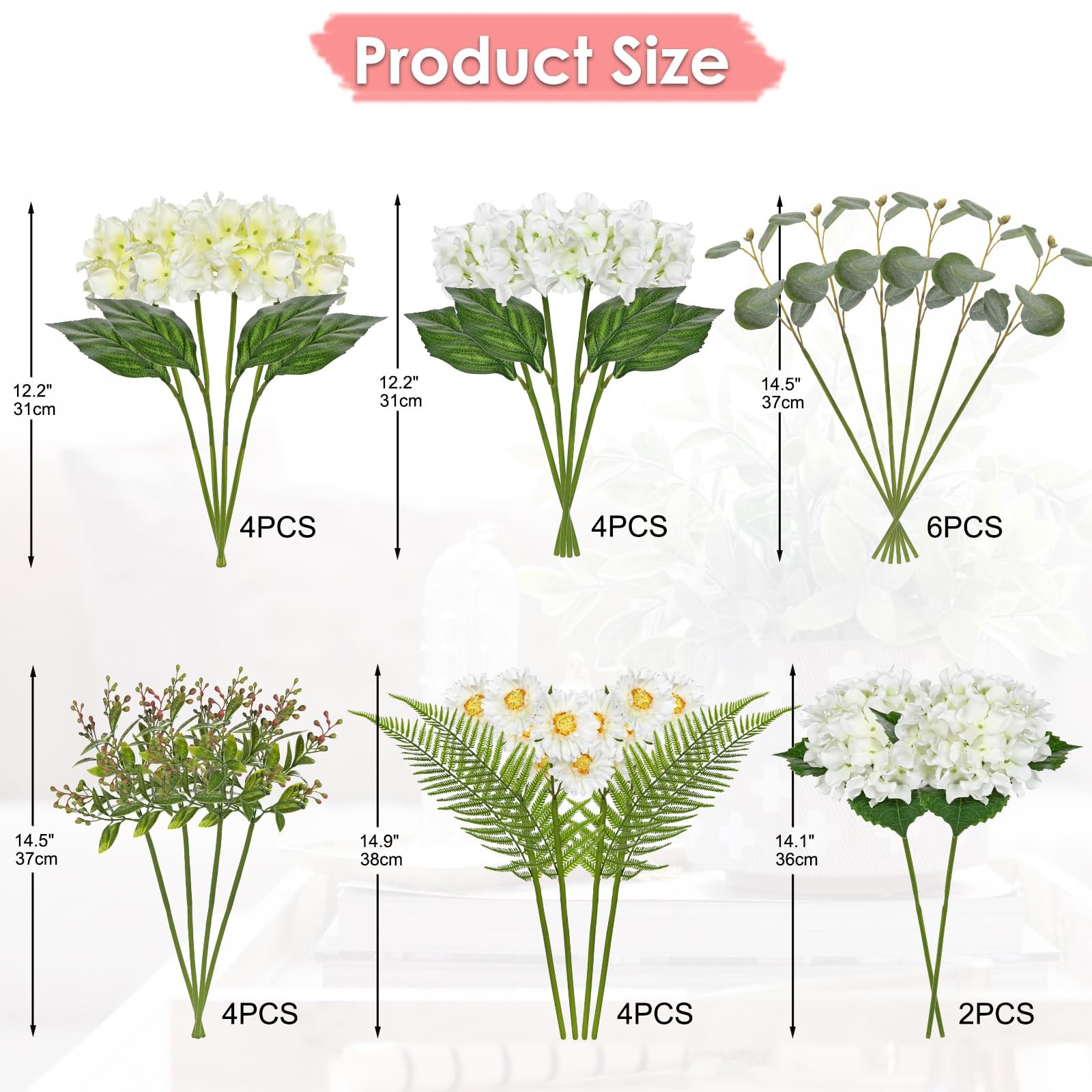 GnFlus Artificial Hydrangea Flower Stems 2 Pack (24PCS) White Faux Hydrangea …