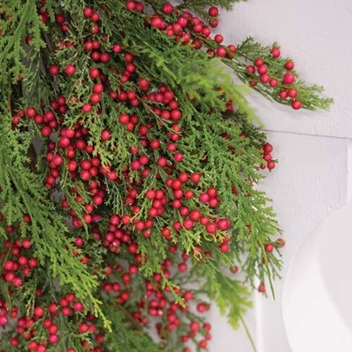 SALE Primitive Farmhouse Christmas CEDAR PINE RED BERRY TEARDROP SWAG Wreath 27″