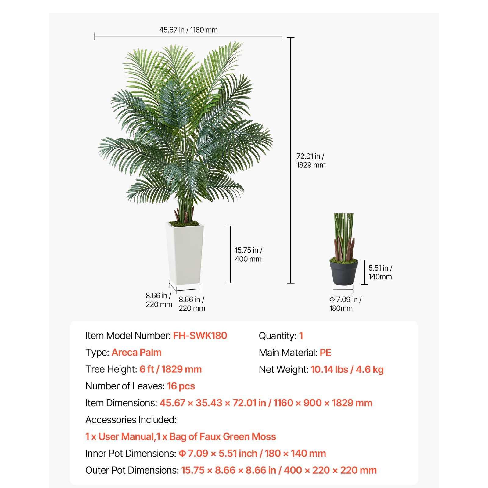 Uimoso 6ft Tall Artificial Areca Palm Tree in Pot for Indoor Decoration