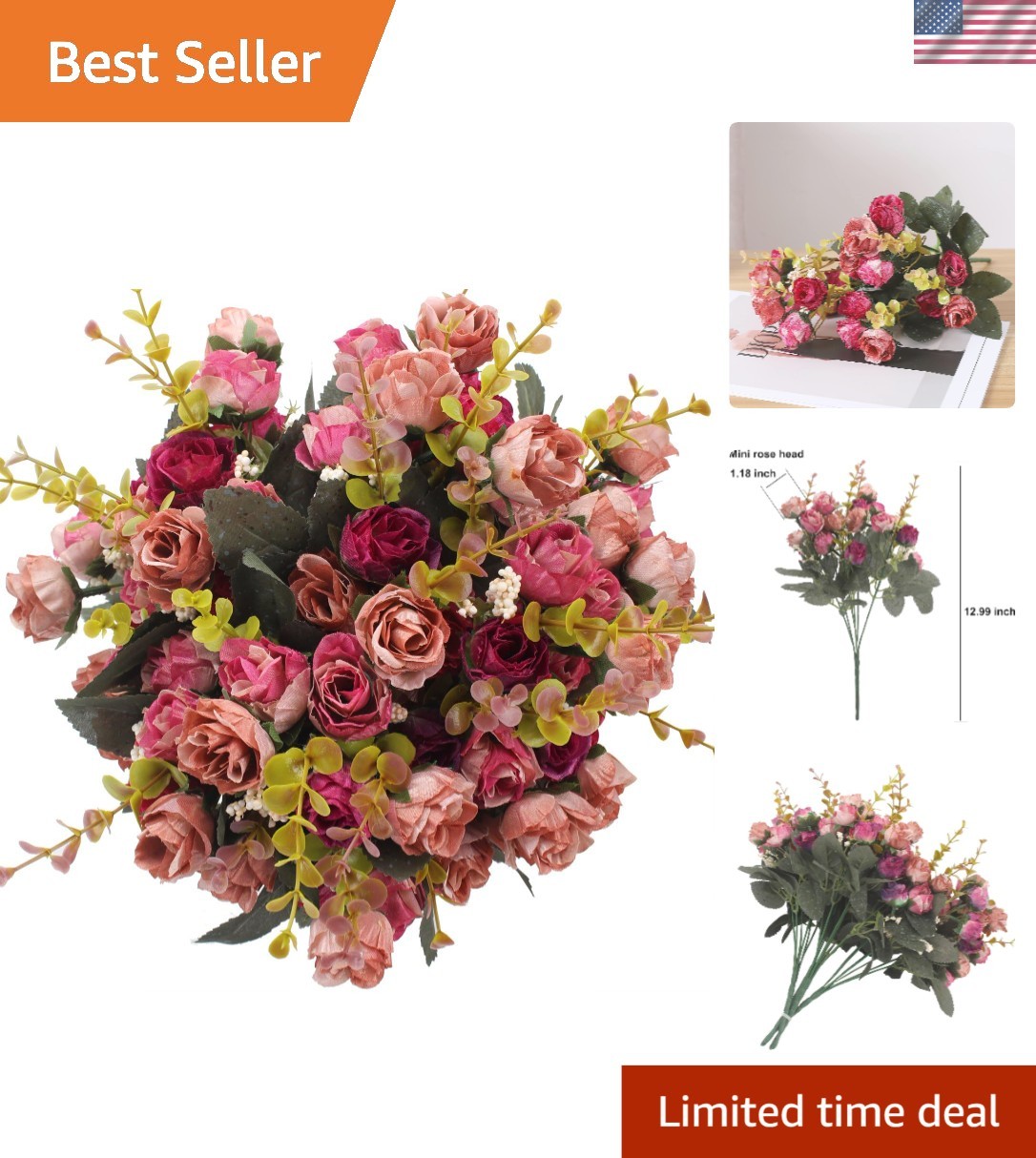 Vibrant Rose Red Artificial Flowers – 7 Branch Bouquet for Home and Weddings