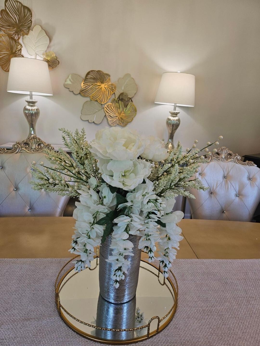 Large Silver Vase White Flower Floral Arrangement Centerpiece Anniversary Gift!
