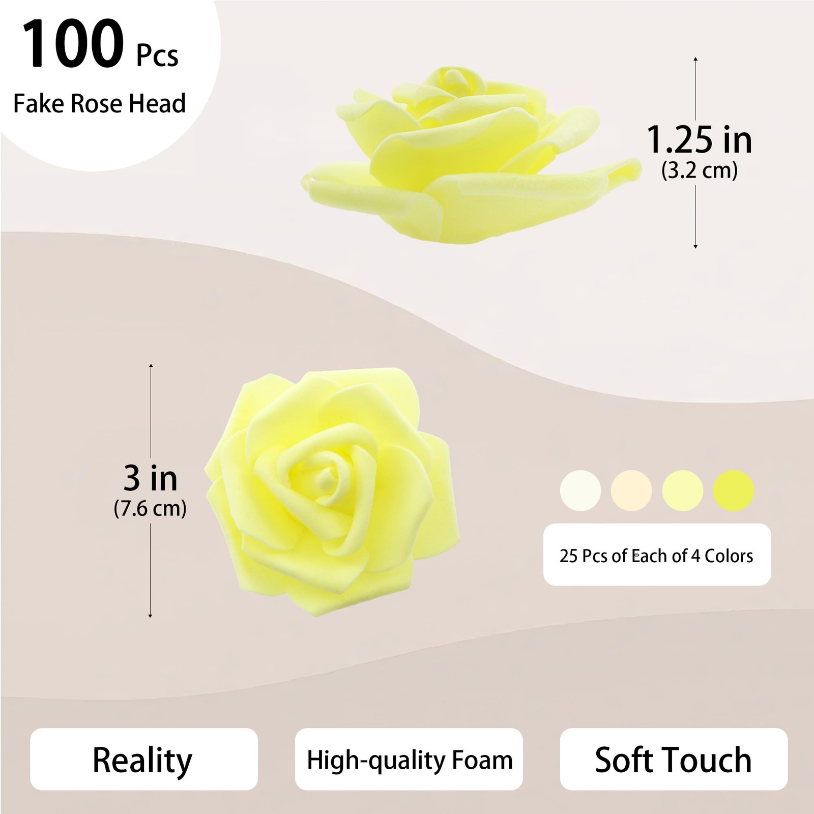 100 PCS 3 Inch Artificial Flowers Bulk Faux Foam Fake Rose Head Ivory Yellow