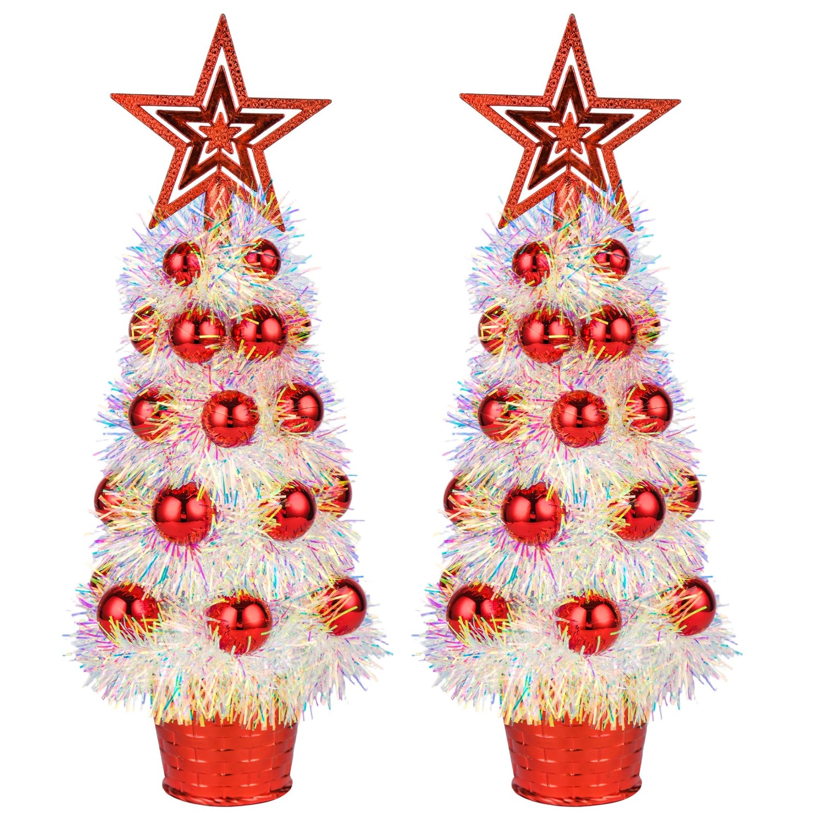 2 PCS 14 Inch Mini White Tinsel Tabletop Christmas Trees Red Star Ornaments