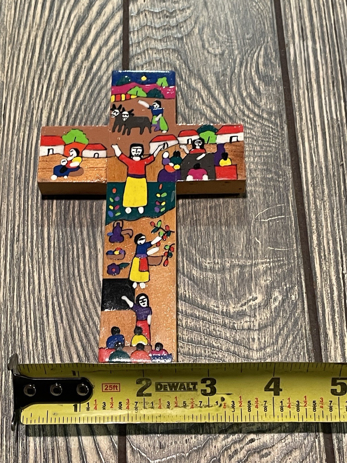 Artisan Hand-painted Wooden Cross Pastoral Scene 6″ Vivid Colors Wall Decor LB