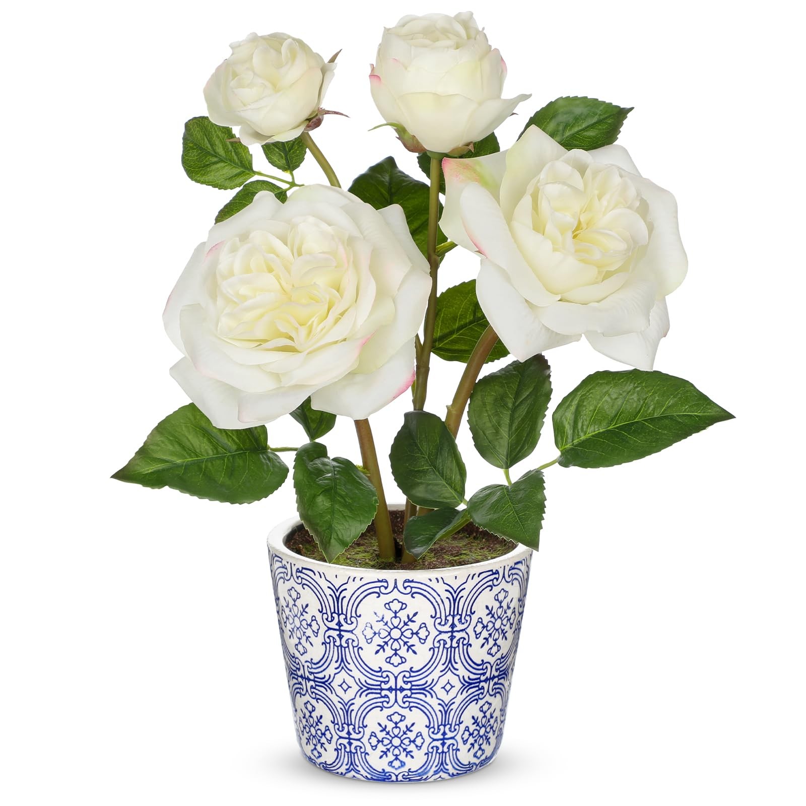 White Real Touch Roses Artificial Flowers in Vase Blue and White Porcelain Ce…