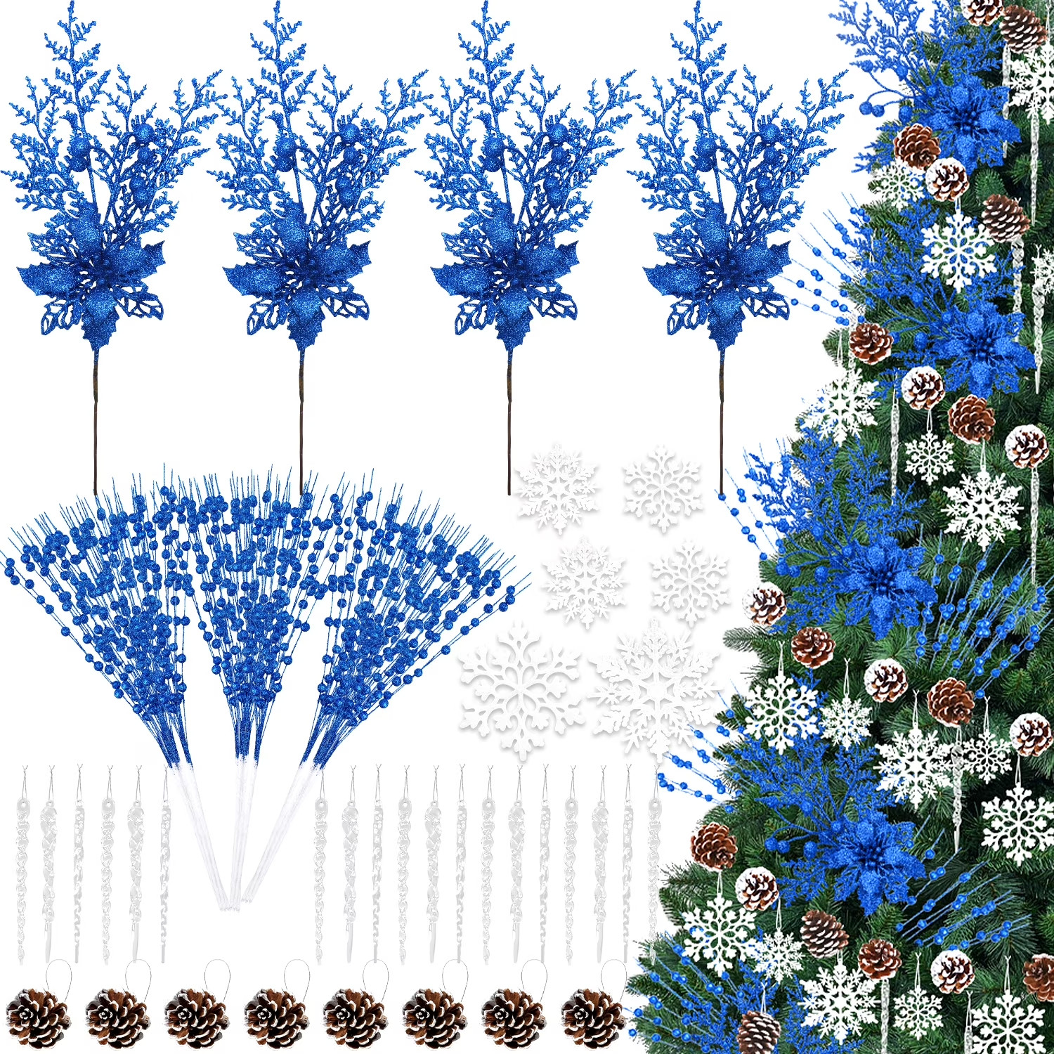 Ayieyill 84Pcs Christmas Tree Decorations Flowers, Artificial Glitter Berry Stem