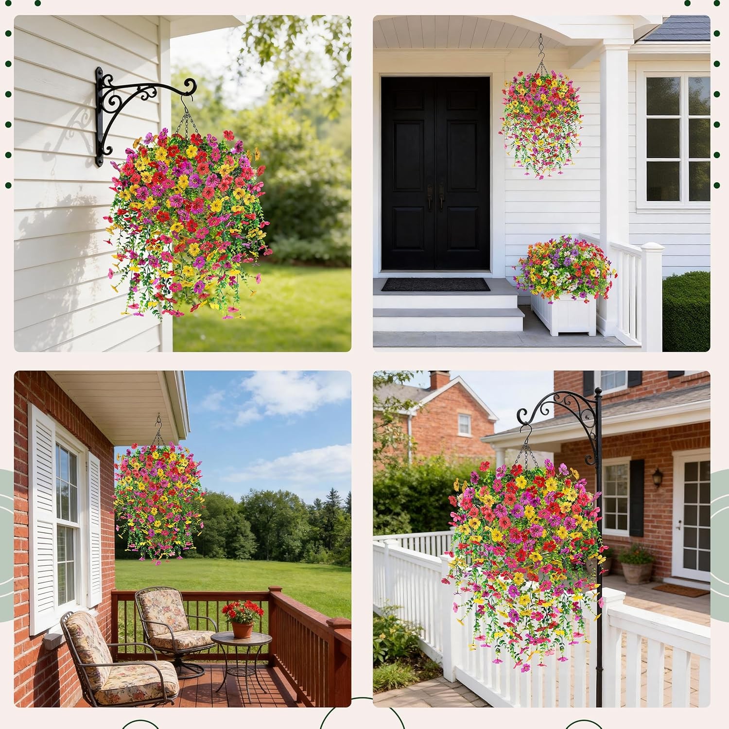 Artificial Hanging Flower Basket for Outdoors Fake Hanging Flowers Plants with 4