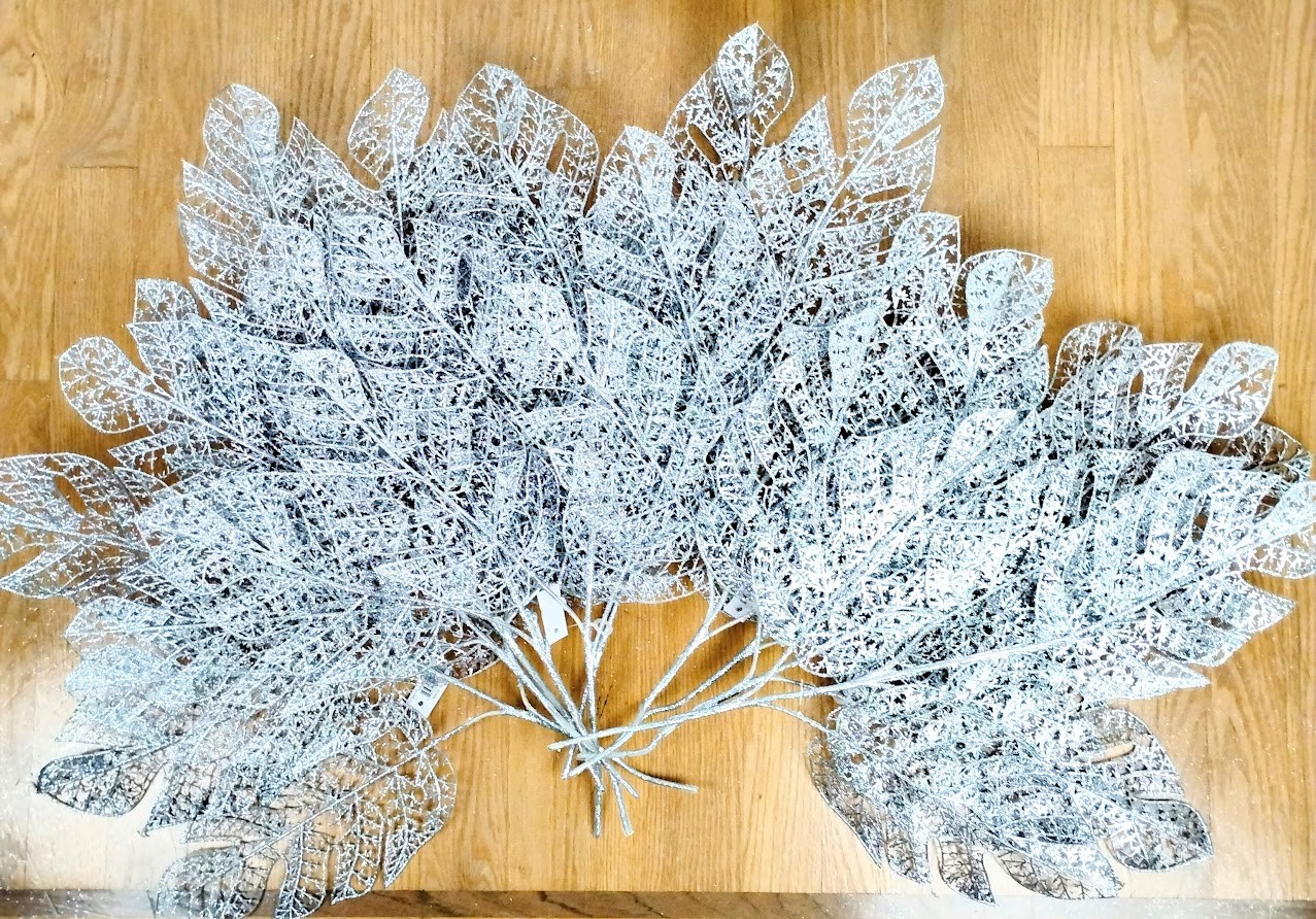 24″ Glitter Leaf Pick Stems Lot of 10 Artificial Floral Holiday Craft Decor