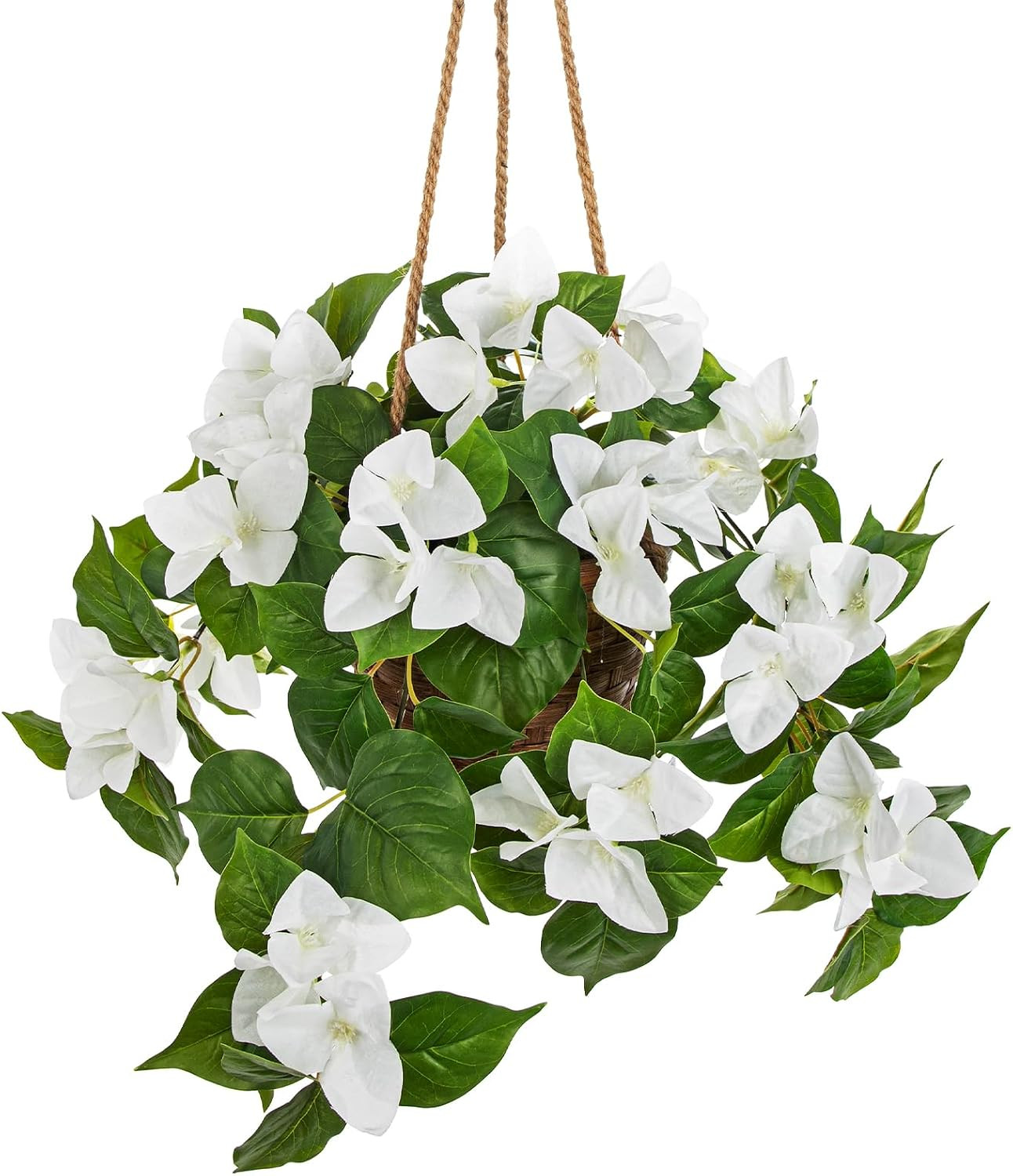 Faux Bougainvillea Hanging Basket – 27.5″ White Flowers in Rattan Planter