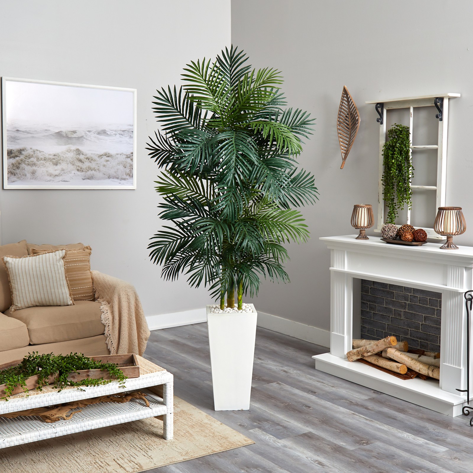 Nearly Natural Golden Cane Palm Artificial Tree in White Tower Planter in Green