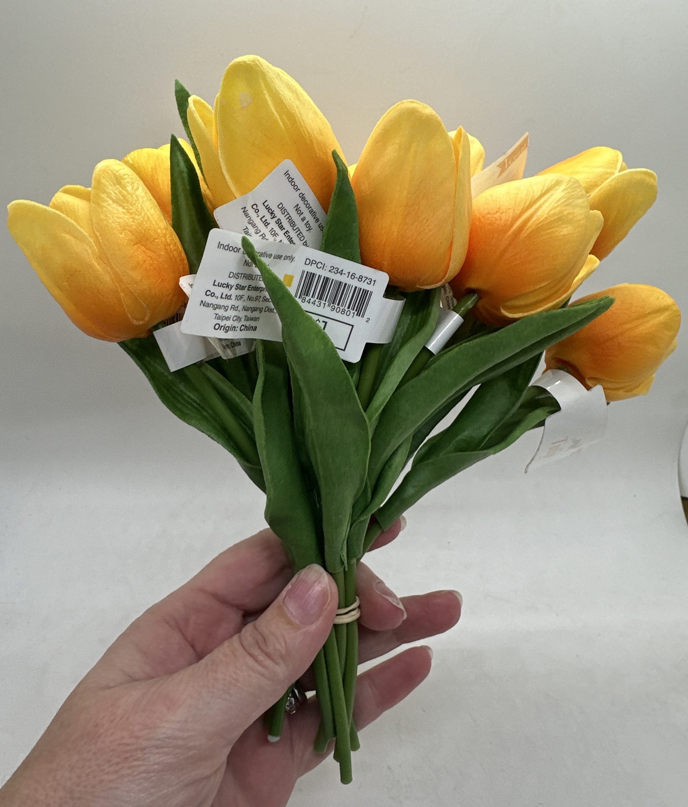 12 Artificial Tulips Flower “Real Touch” Stems w/ Flower & 2 Leaves in Yellow