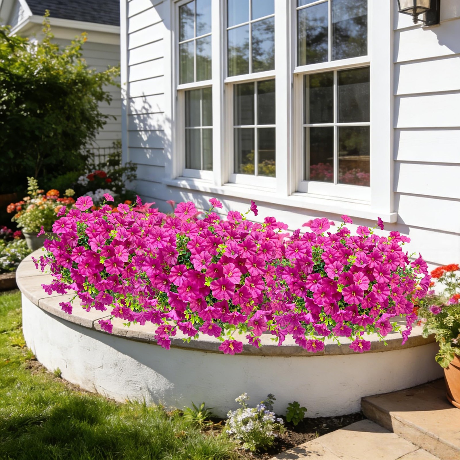 24 Pcs Artificial Petunias Flowers for Outdoors, Rose Red