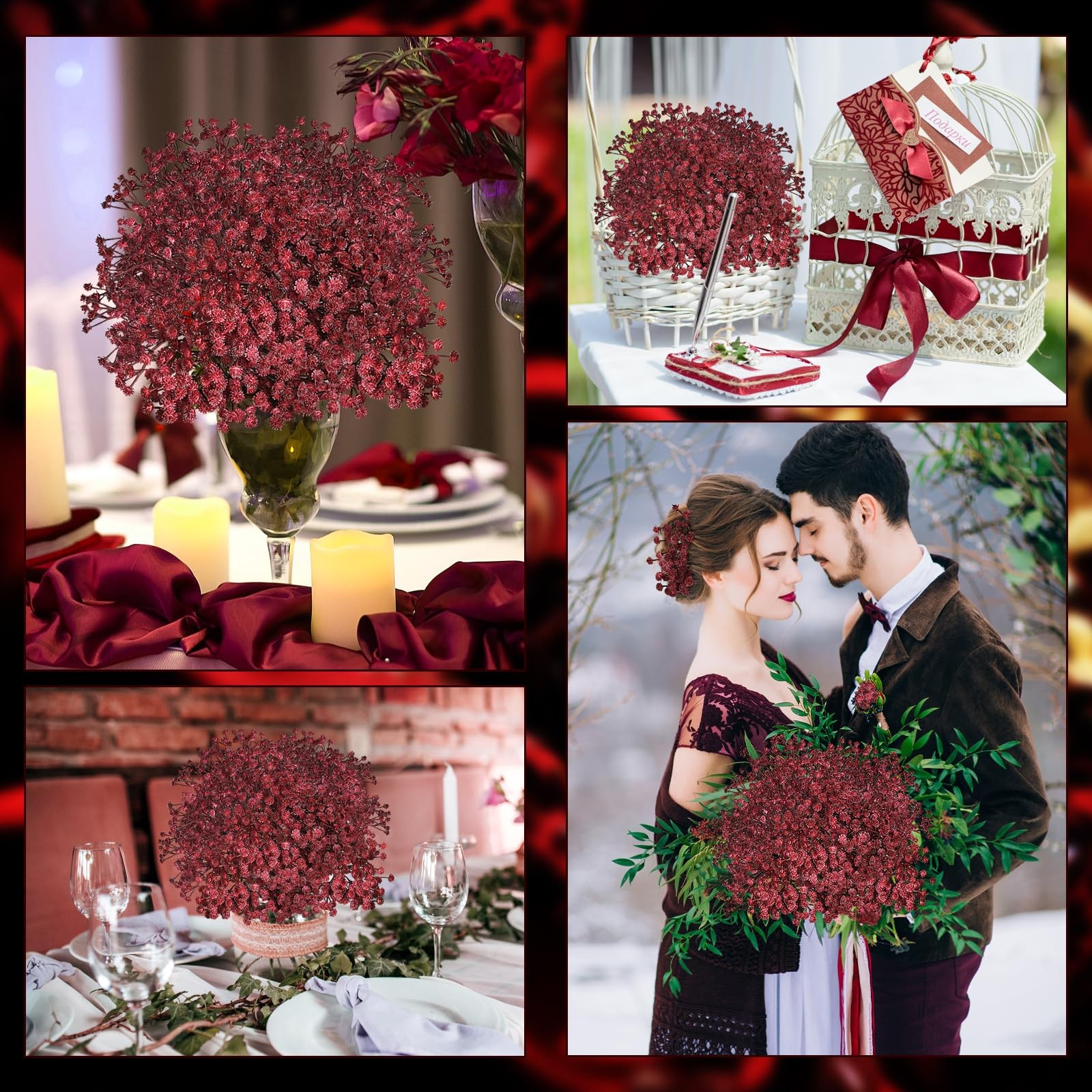 18 PCS Babys Breath Artificial Flowers Maroon Burgundy Fake Gypsophila Decor
