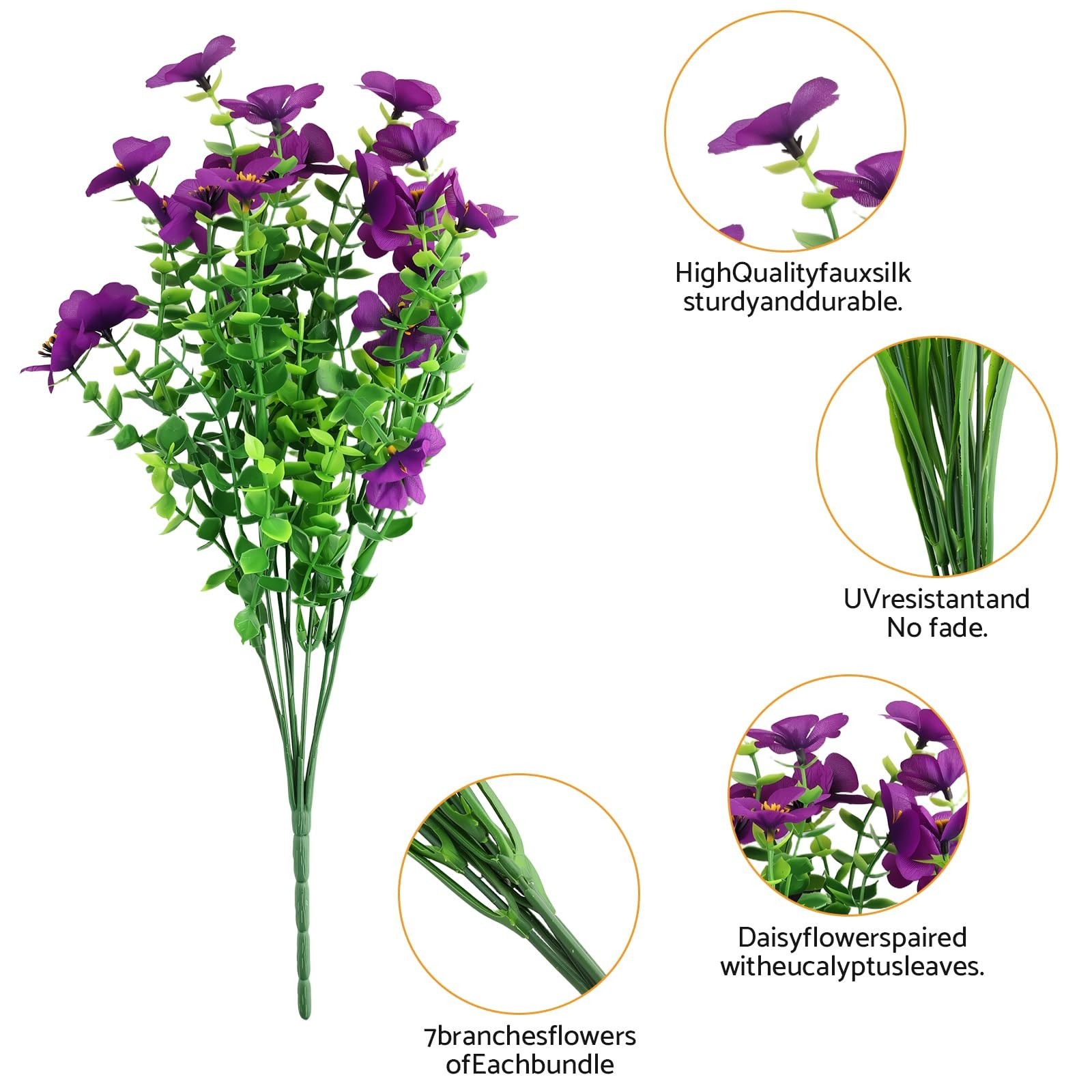 12PCS Faux Daisy Flowers with Eucalyptus, 6 Colors, Waterproof, Bendable Stems f