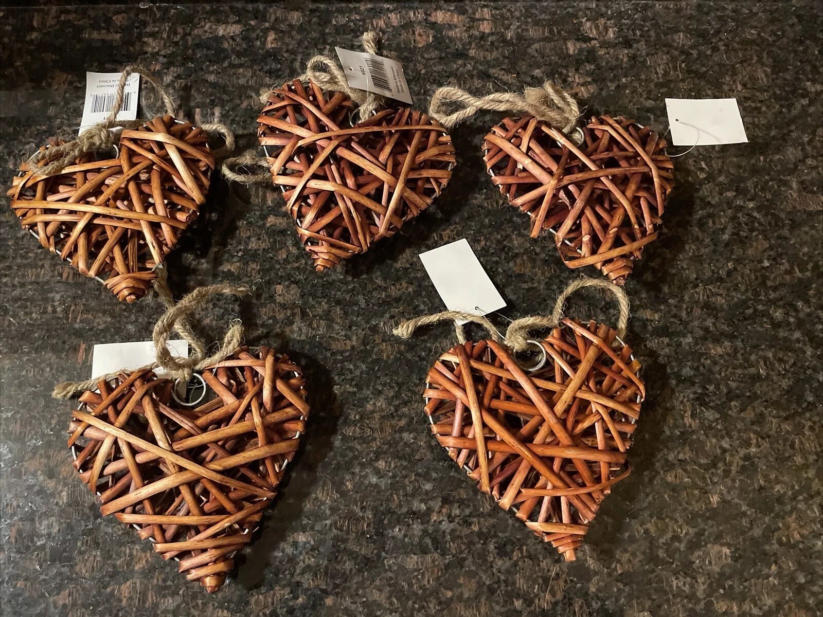 Rattan Wicker Hanging Brown Natural Wooden Hearts Valentine’s Day Set Of 5 New