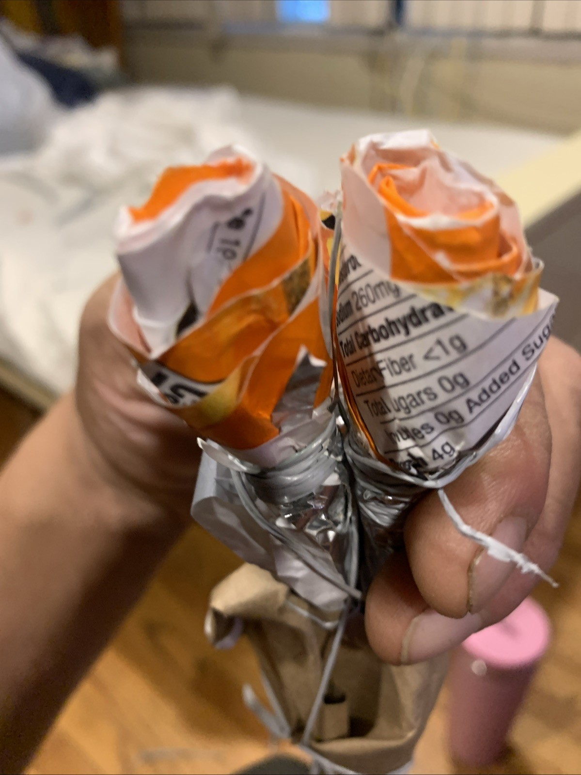 Three Rose Stems w/orange Rose Buds Made From •Gold Fish Snack Cover Wrap W Love