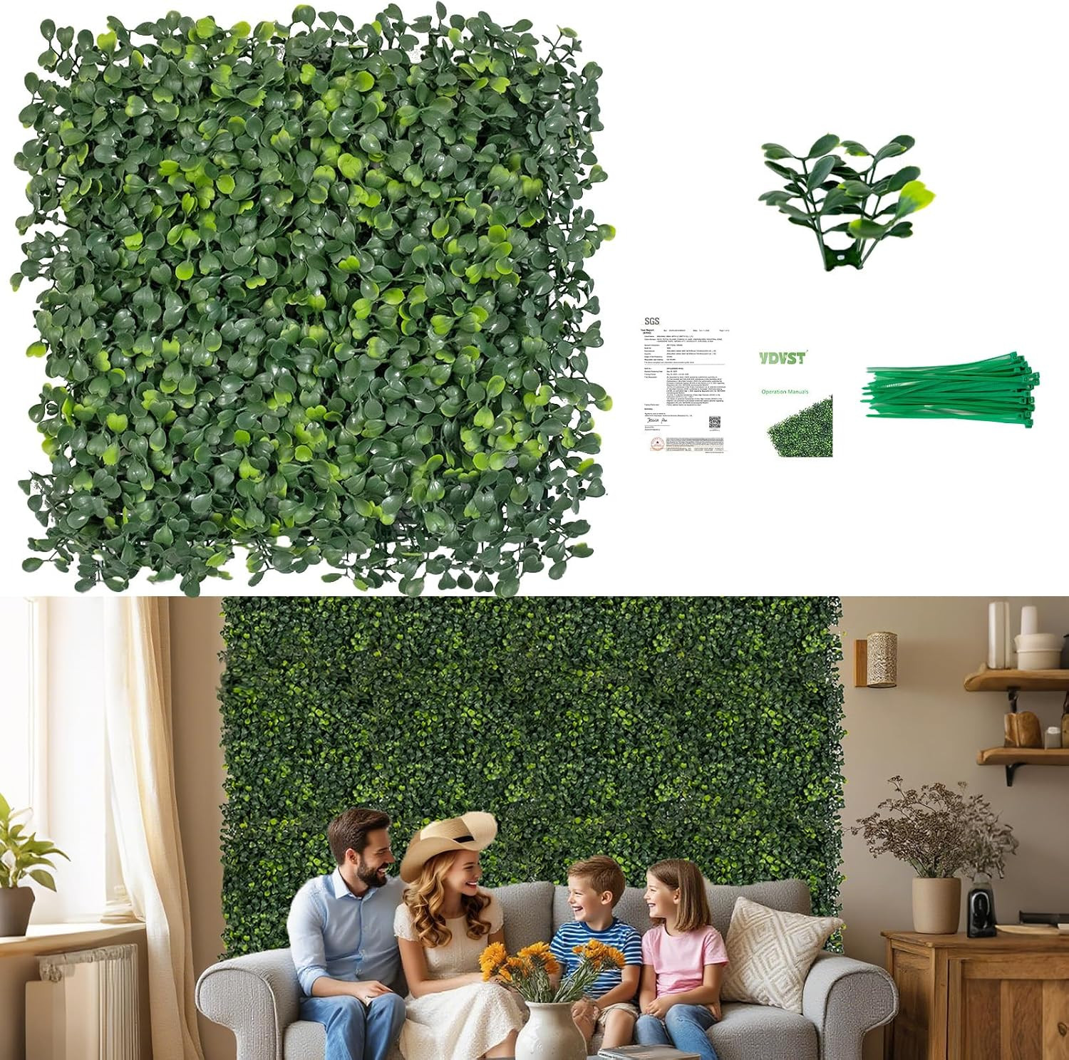 Grass Wall Panels 12 PCS 10″x 10″ Artificial Boxwood Panels with 50 Zip Ties, Fa