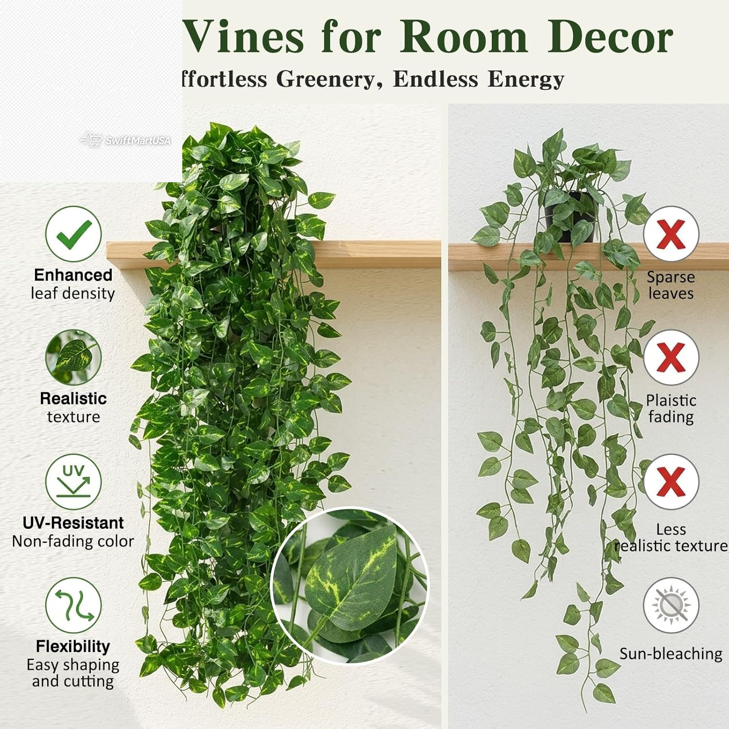 24 Pack Fake Vines 168Ft Artificial Ivy Garland Greenery Room Bedroom Wall Decor