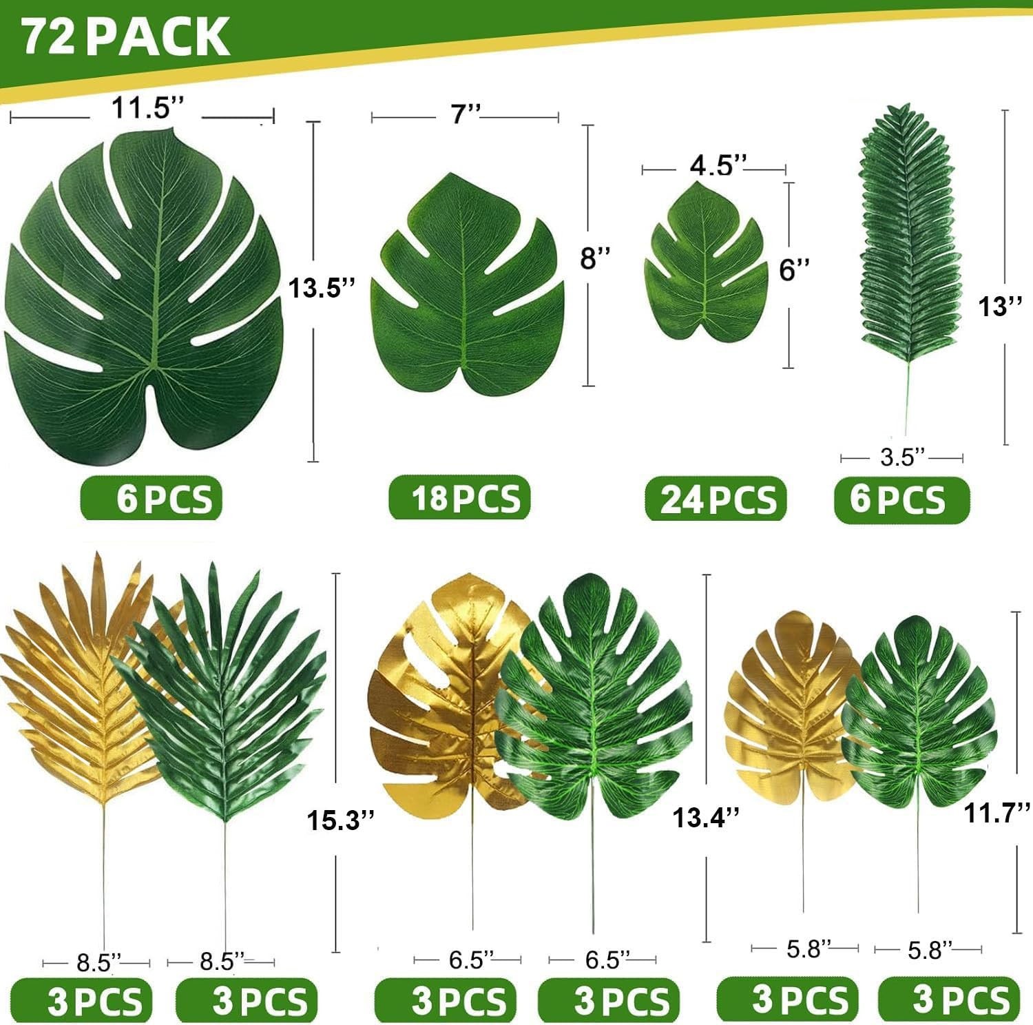 10 tipos de hojas de palma artificiales doradas con tallos para decoración