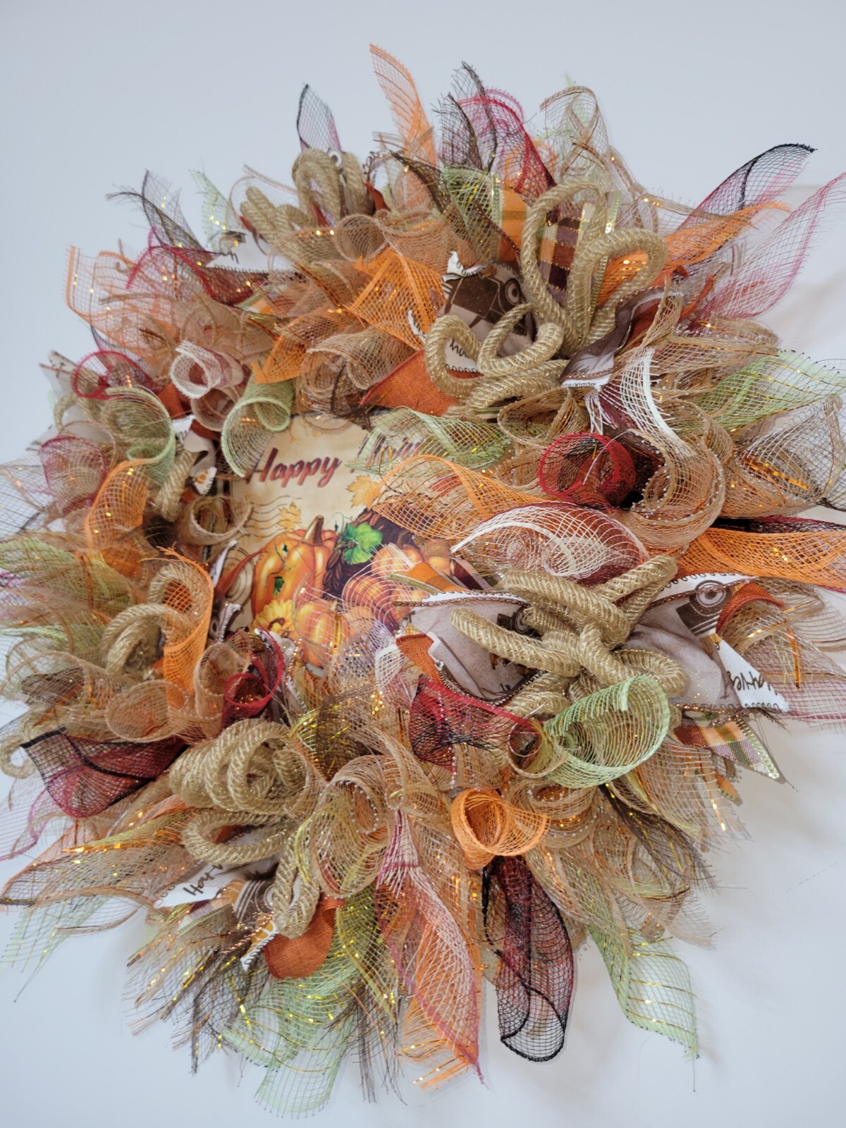 HAPPY HARVEST autumn Spring Mesh Front Door Wreath Wall Decor Bright colors