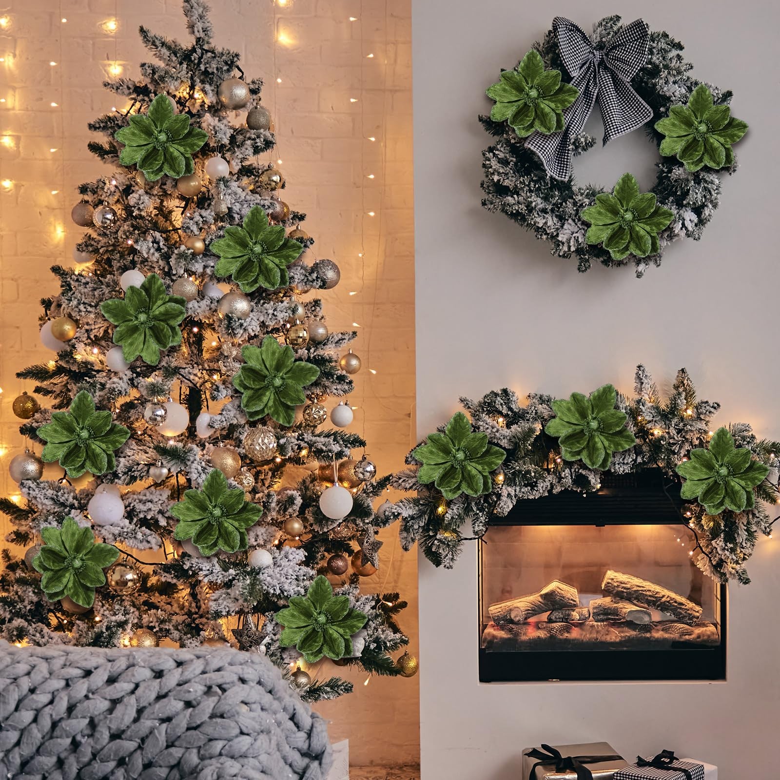 8 Pcs Large 12” Christmas Flower Forest Green Magnolia Flowers Christmas Tre…
