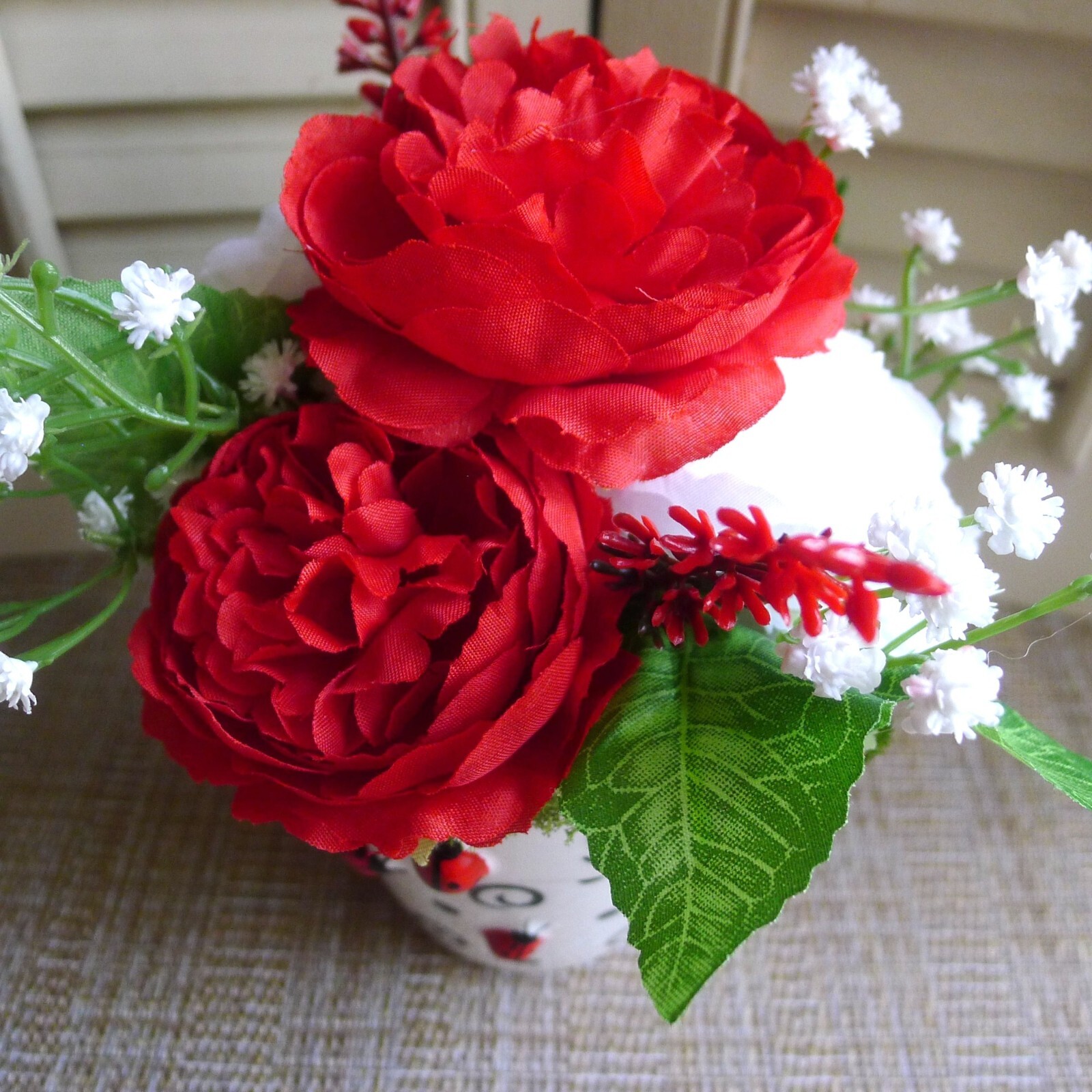 Ladybug Loveliness Flower Arrangement Red and White OOAK Floral Vintage Planter