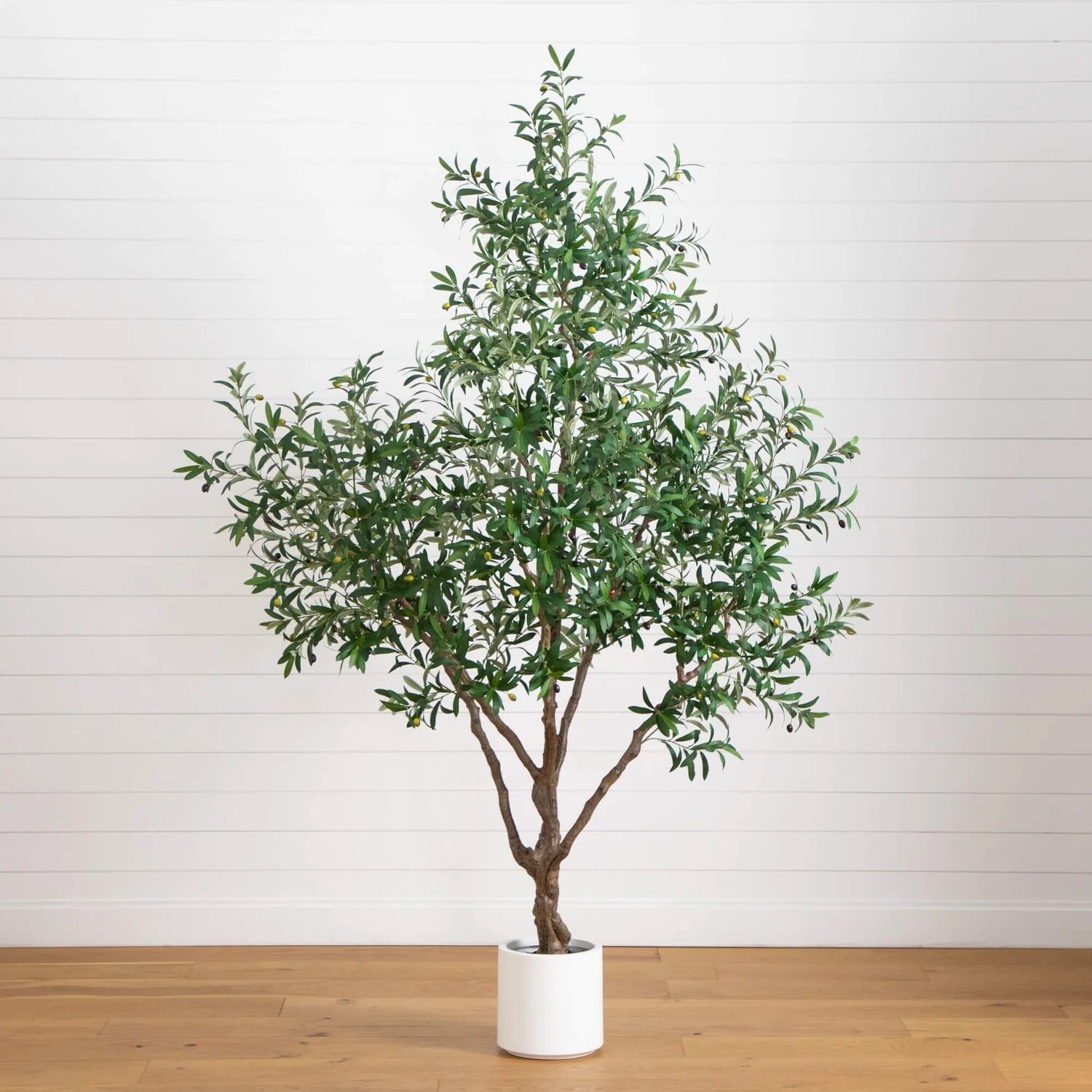 8’ Artificial Grand Olive Tree in White Decorative Planter. Retail $524