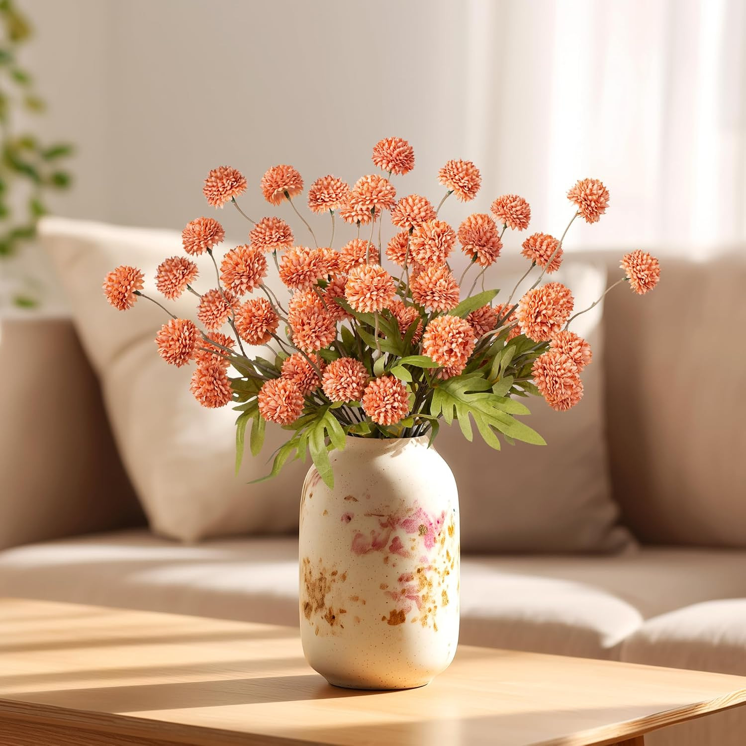 10Pc Coral Orange Silk Chrysanthemum – Faux Flowers for Home & Office Decor