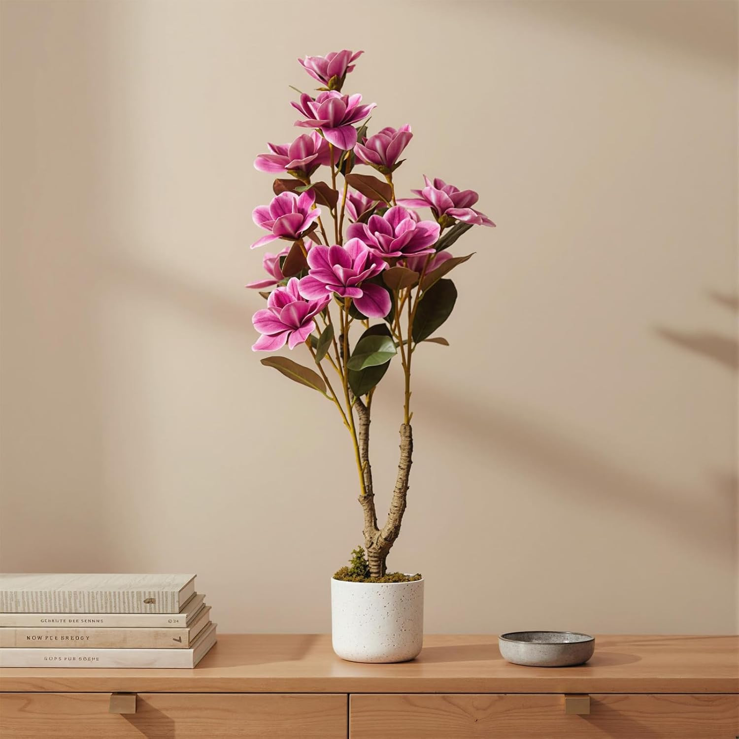 Pink Faux Magnolia Tree – 37.4″ Artificial Yulan Orchid Plant for Home Decor