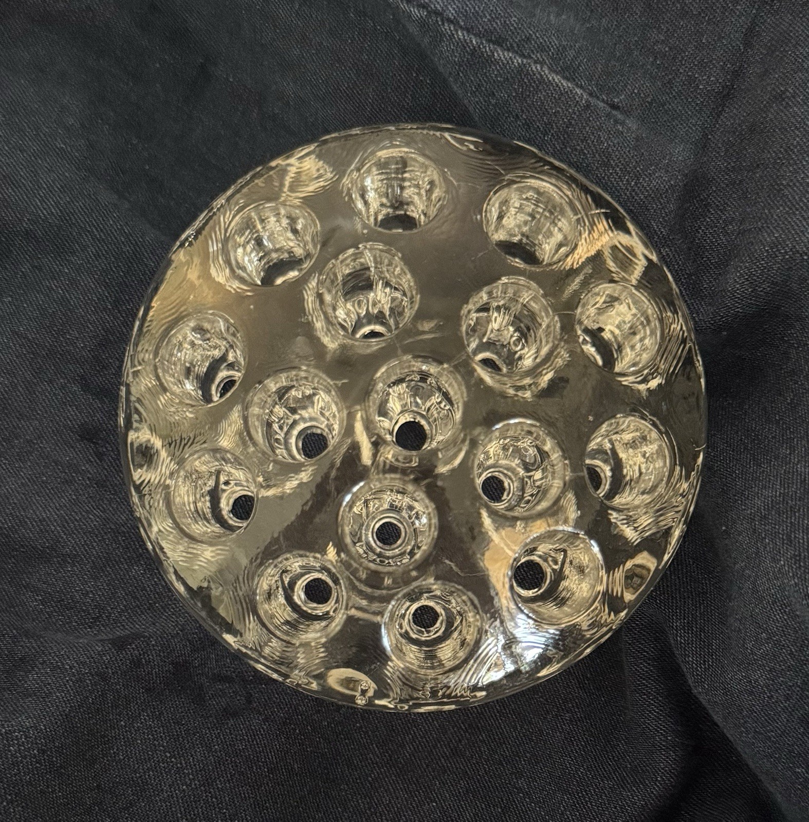 Vintage Thick Heavy Round 16-Hole Glass Flower Frog 3-3/4″ Diameter