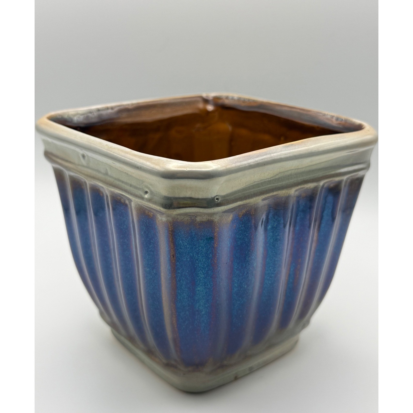 Vintage Iridescent Ribbed Ceramic Planter French Country Farmhouse Decor