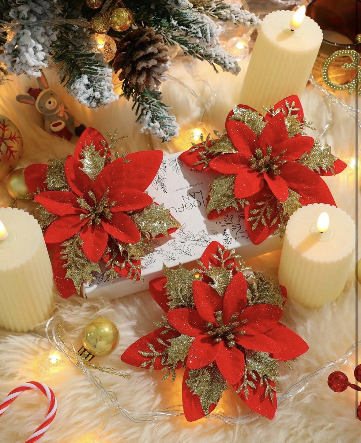 12pc Red/Gold Articial Glitter Poinsettia Flowers Clips & Stems Christmas 5.5in