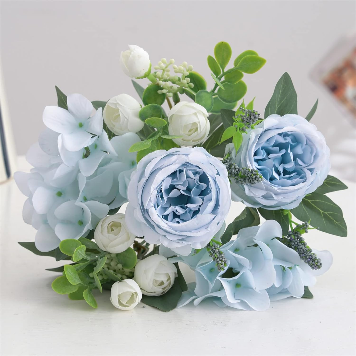 4 Bunches Artificial Flowers for Decoration Blue Peonies Fake Roses Arrangements