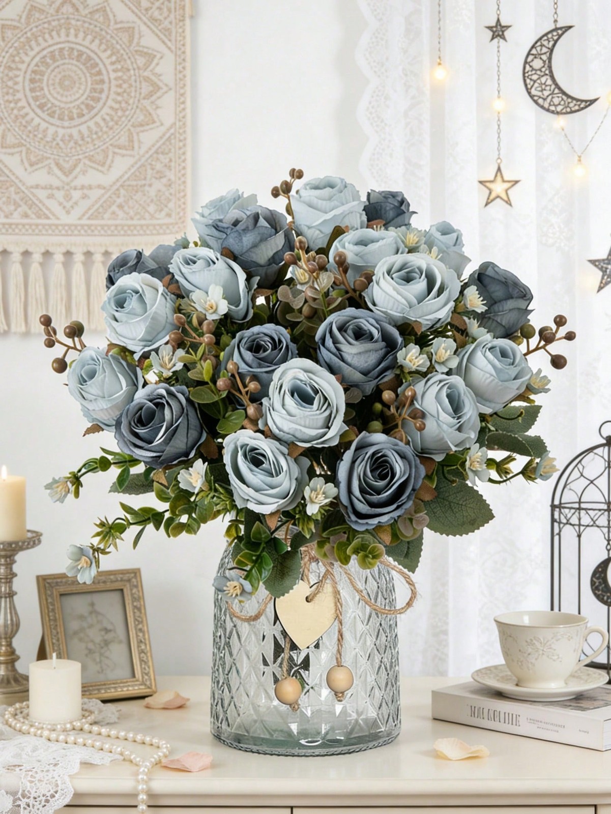 Baby Blue Artificial Silk Rose Bouquet One Size For Home Wedding Decor
