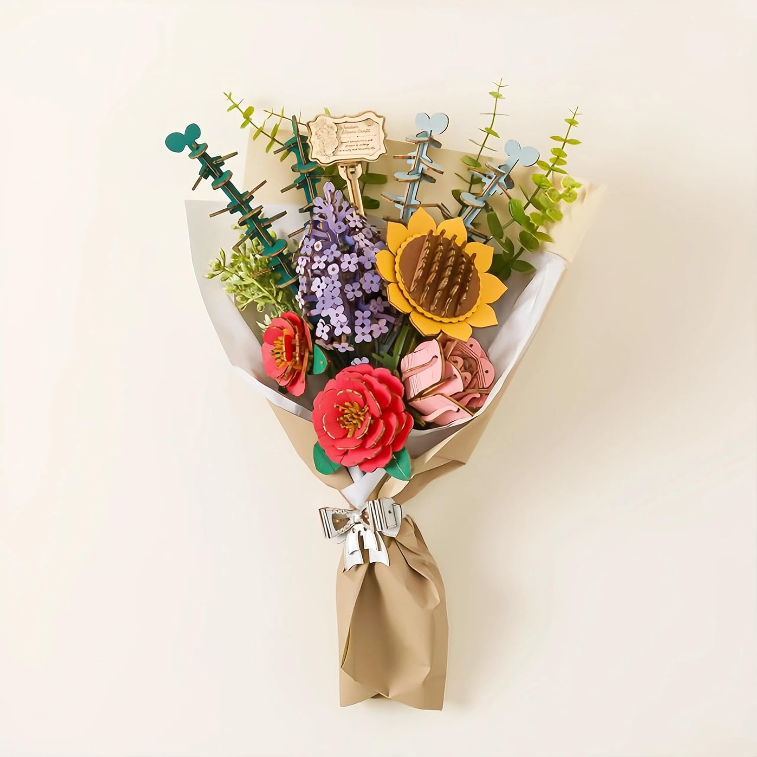 Forever Flowers Wooden Flower Bouquet Building Kit, Sunflower/Red Camellia/Pink