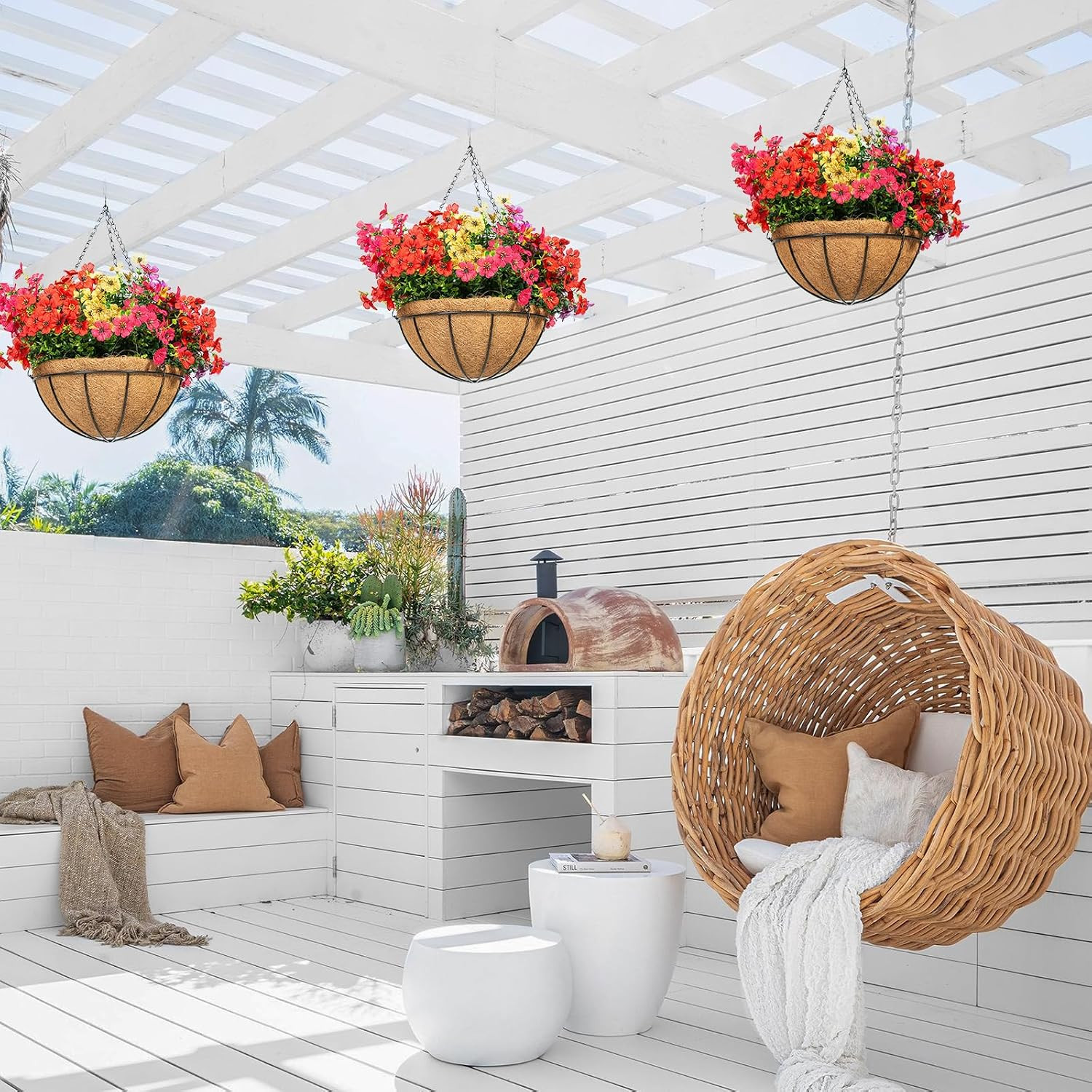 24 Pcs Artificial Flowers in Hanging Baskets for Outdoor Garden Decor