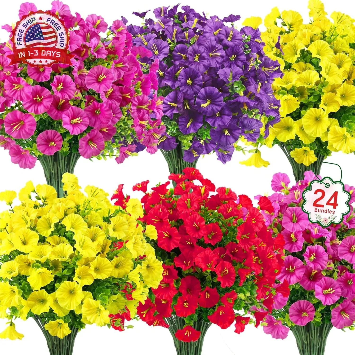 Ouddy Decor 24 Bundles Artificial Flowers for Outdoors Decoration Fake Silk Morn