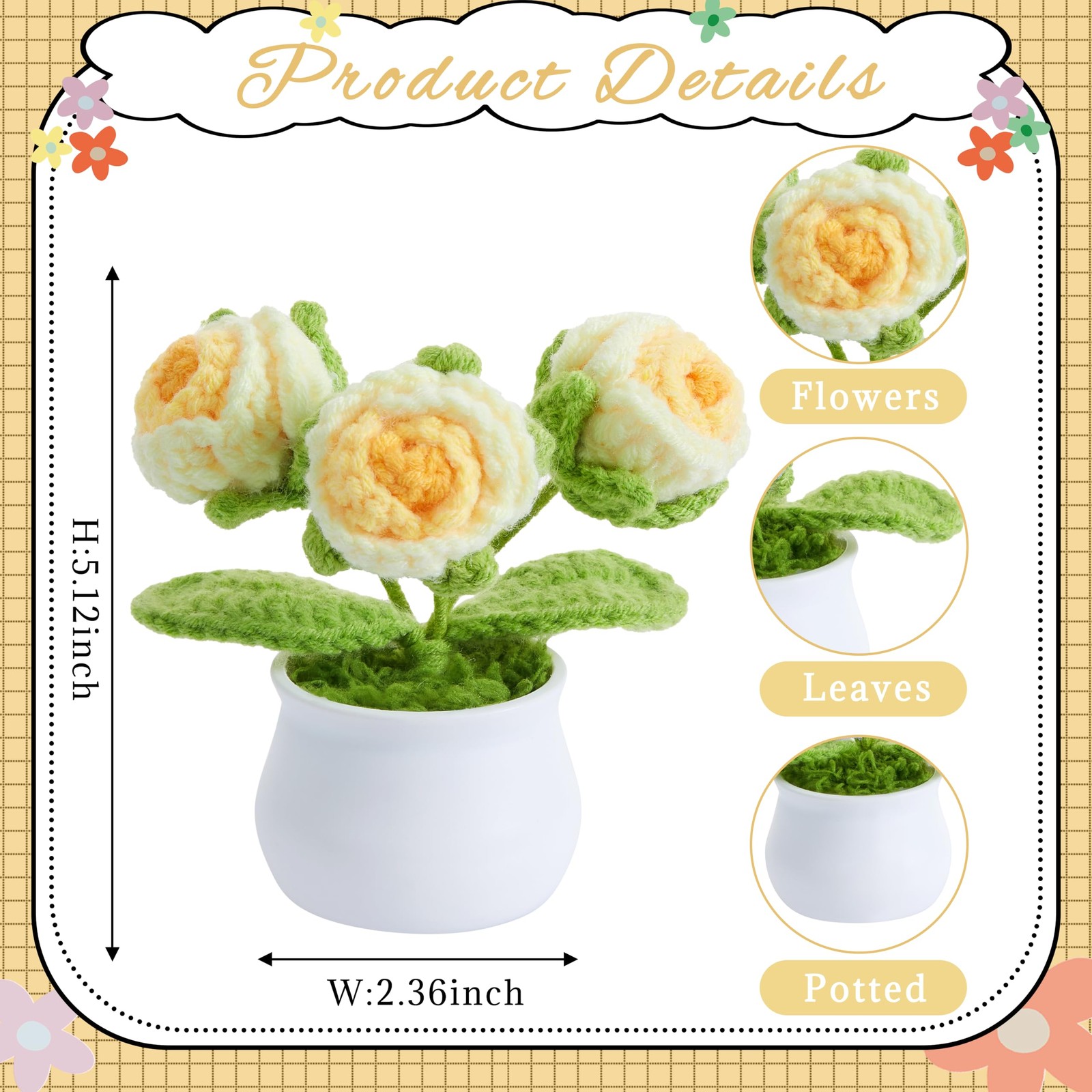 Crochet Flowers Gradient Yellow Roses Mini Potted Plants Eternal Yellow Rose …