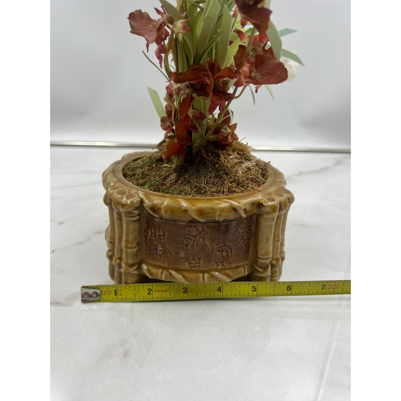 Vintage Faux Orchid Silk Flower Arrangement in Bamboo Style Ceramic Footed Pot