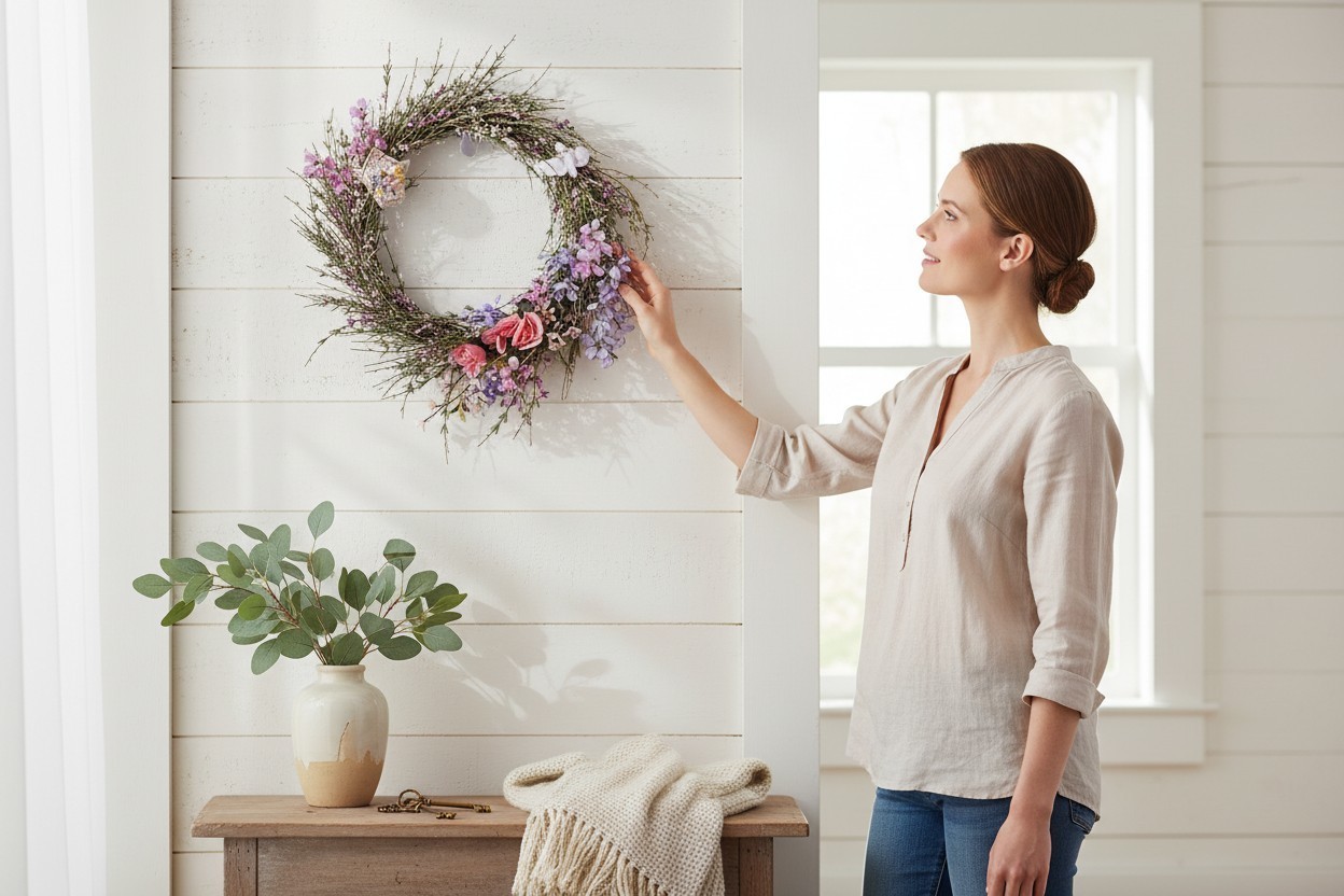 Spring Summer Door Wreath 18″ Field of Flowers Crochet Feather Bird House Wall