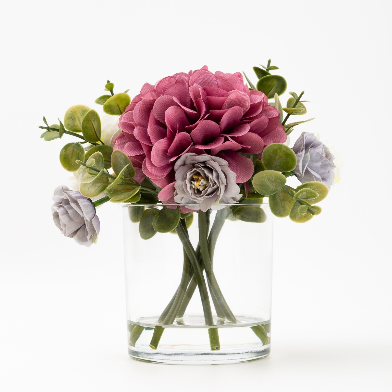 (4 pack) Mixed Faux Hydrangea Arrangement in Clear Glass Vase
