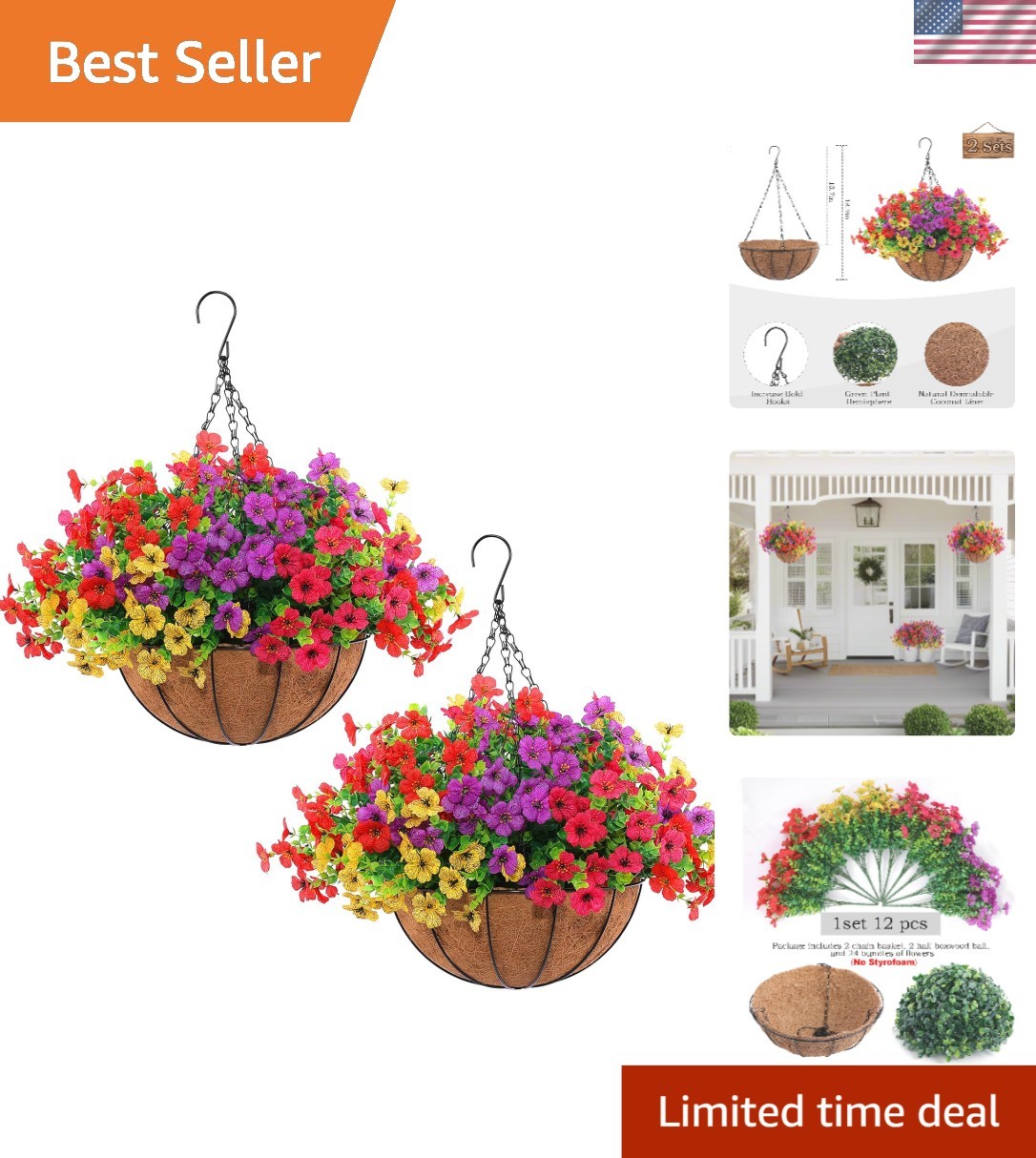 Realistic 24 Pcs Silk Flower Set in 2 Hanging Baskets for Elegant Home Decor