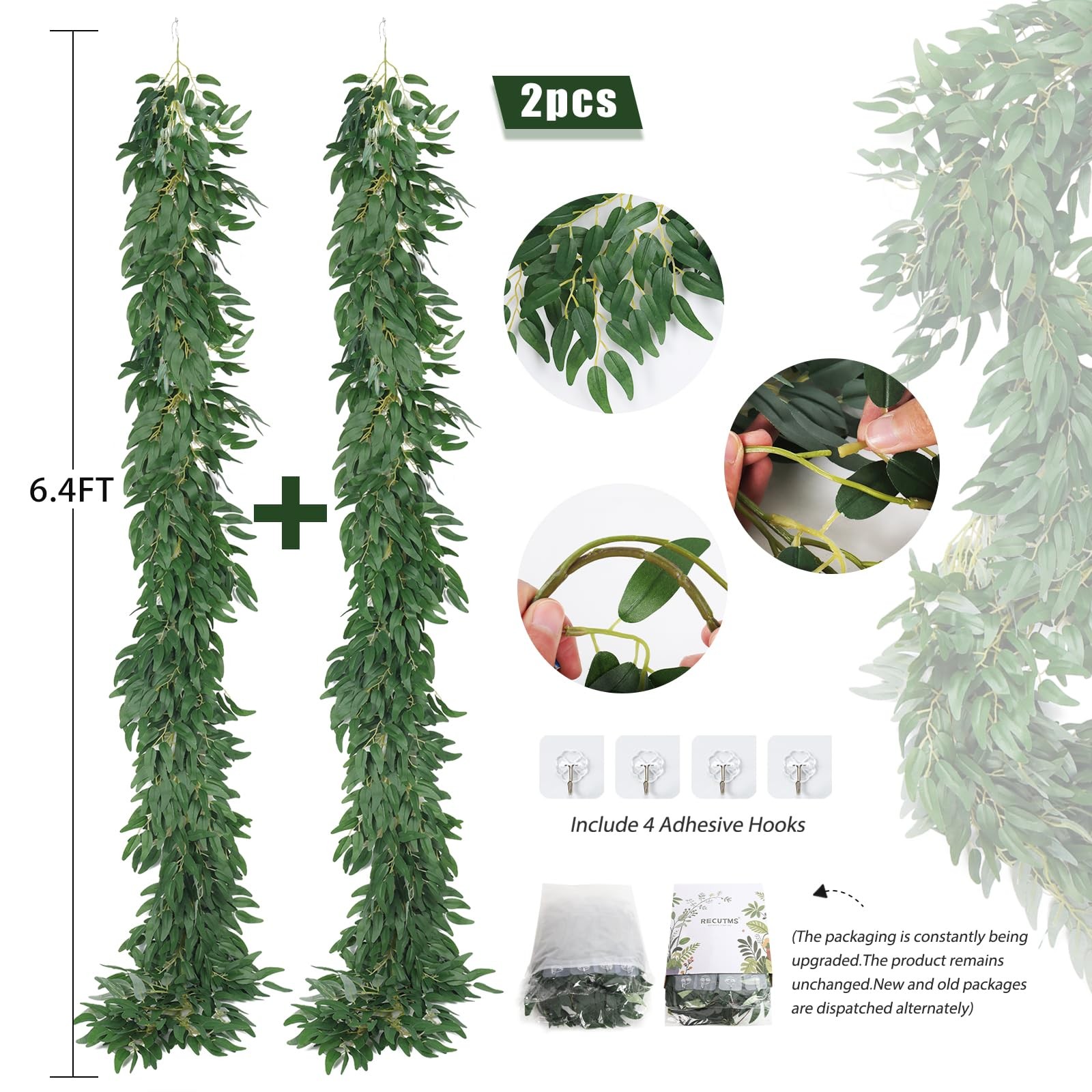 Artificial Willow Leaves Vine Twigs 2Pcs 6Ft Fake Hanging Plant Silk Willows