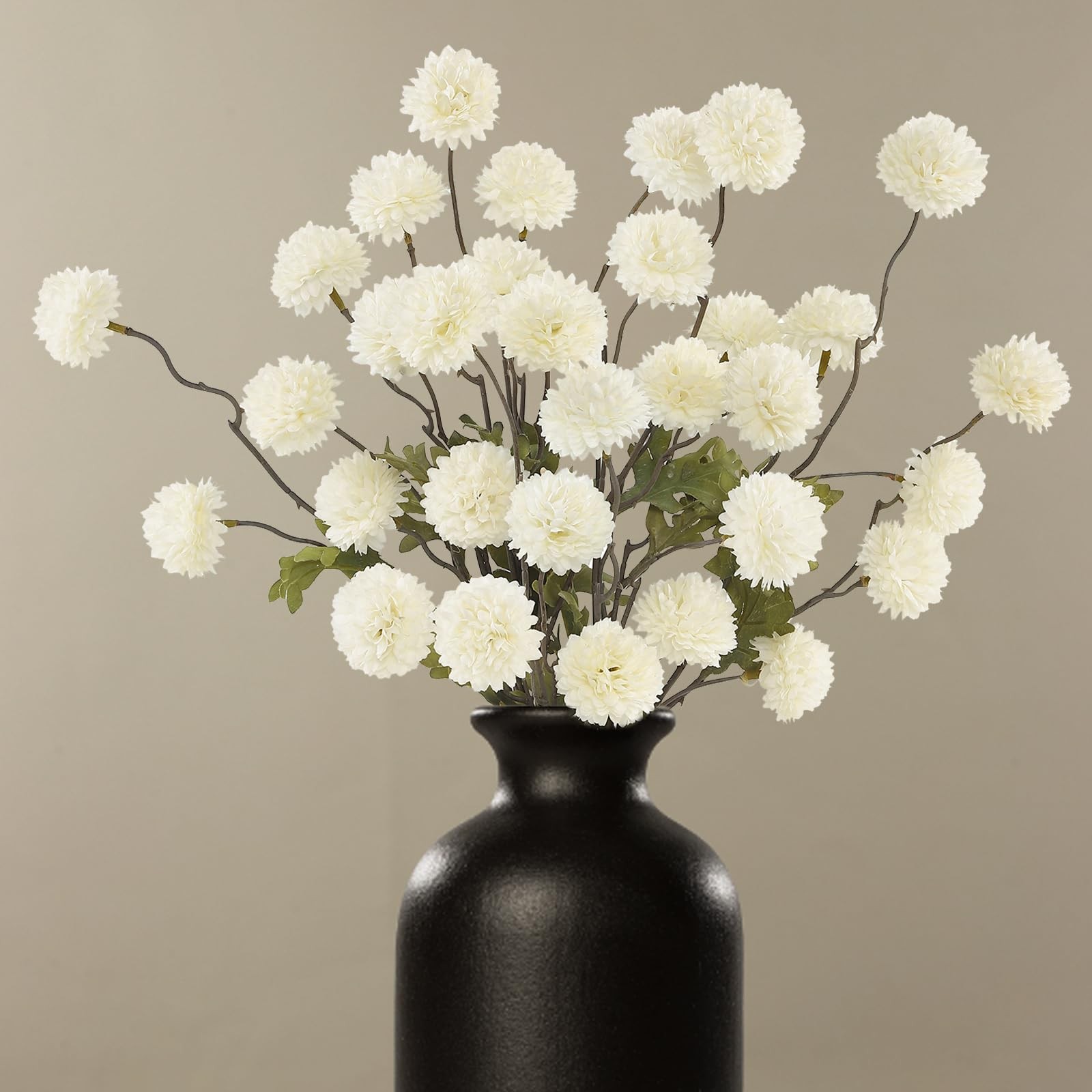 6 PCS Artificial Flowers Faux Silk Pompon Mum Kiku White Ivory Bouquets Vase