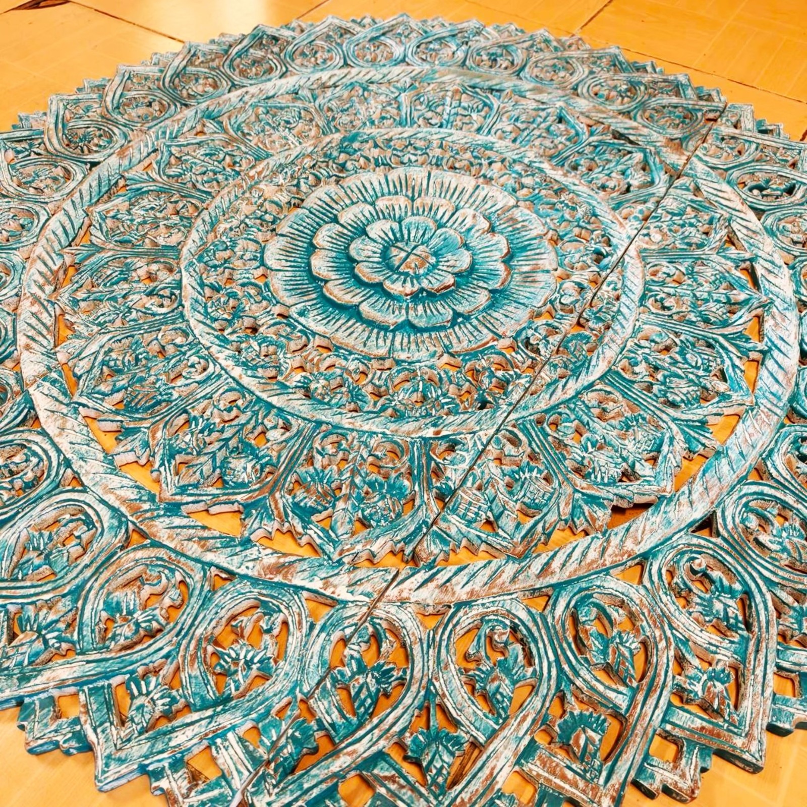 36″ Turquoise Wood Mandala Wall Art Teal White Wash Carved 3-Piece Bohemian #G