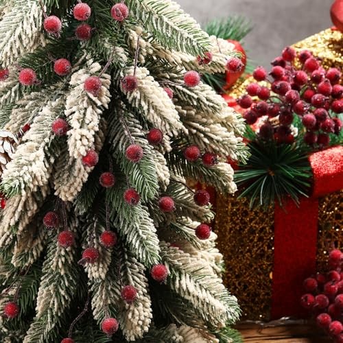 400 Pcs Berries Stems 12 mm Artificial Frosted Holly Berries for Dark Red